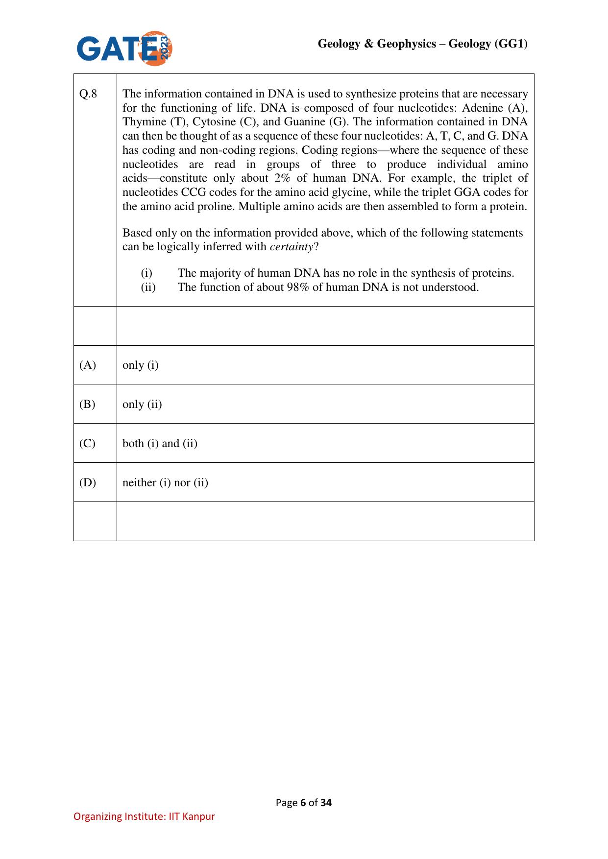 GATE 2023 Geology and Geophysics – Geology (GG-1) Question Paper - Page 6