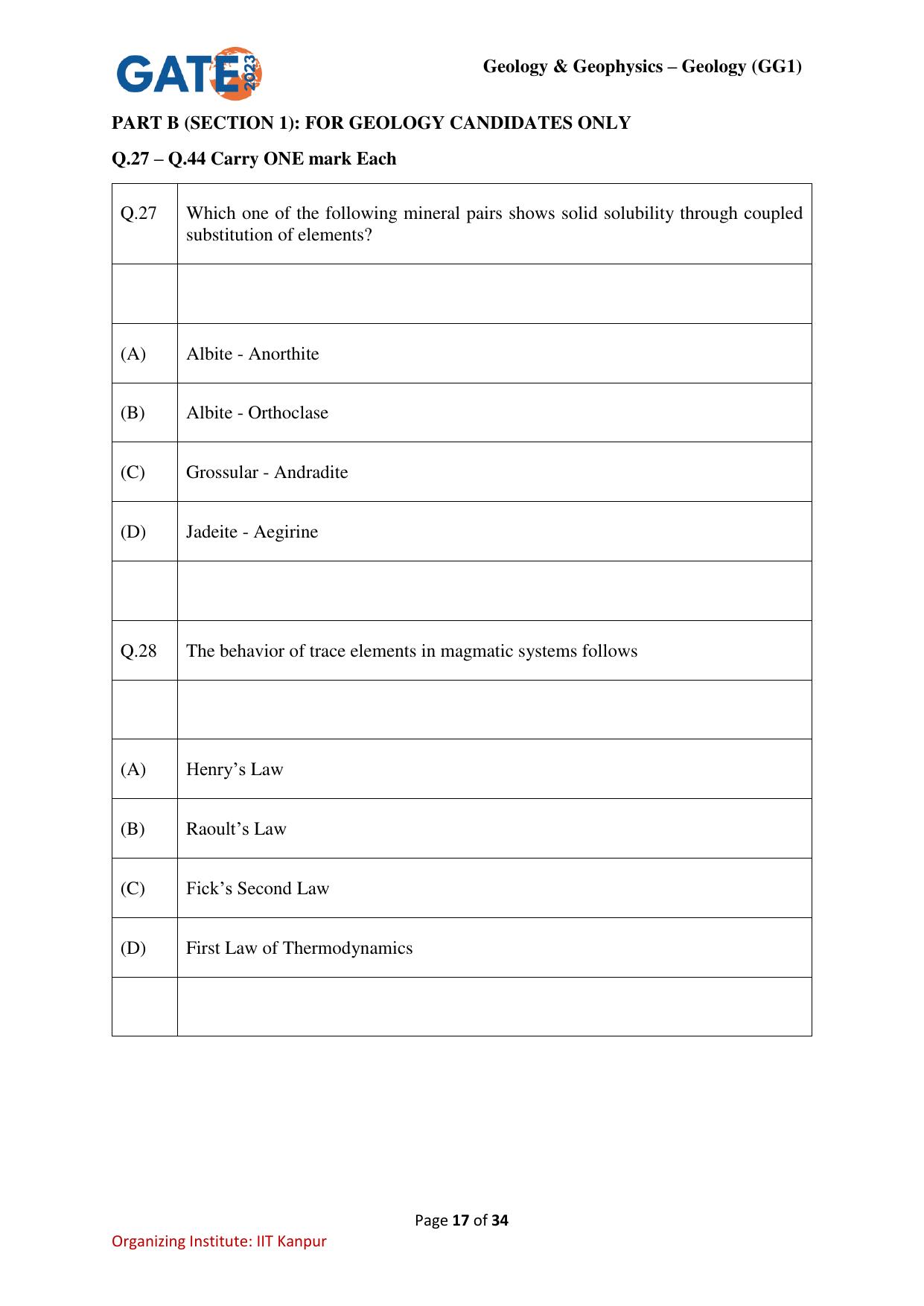 GATE 2023 Geology and Geophysics – Geology (GG-1) Question Paper - Page 17