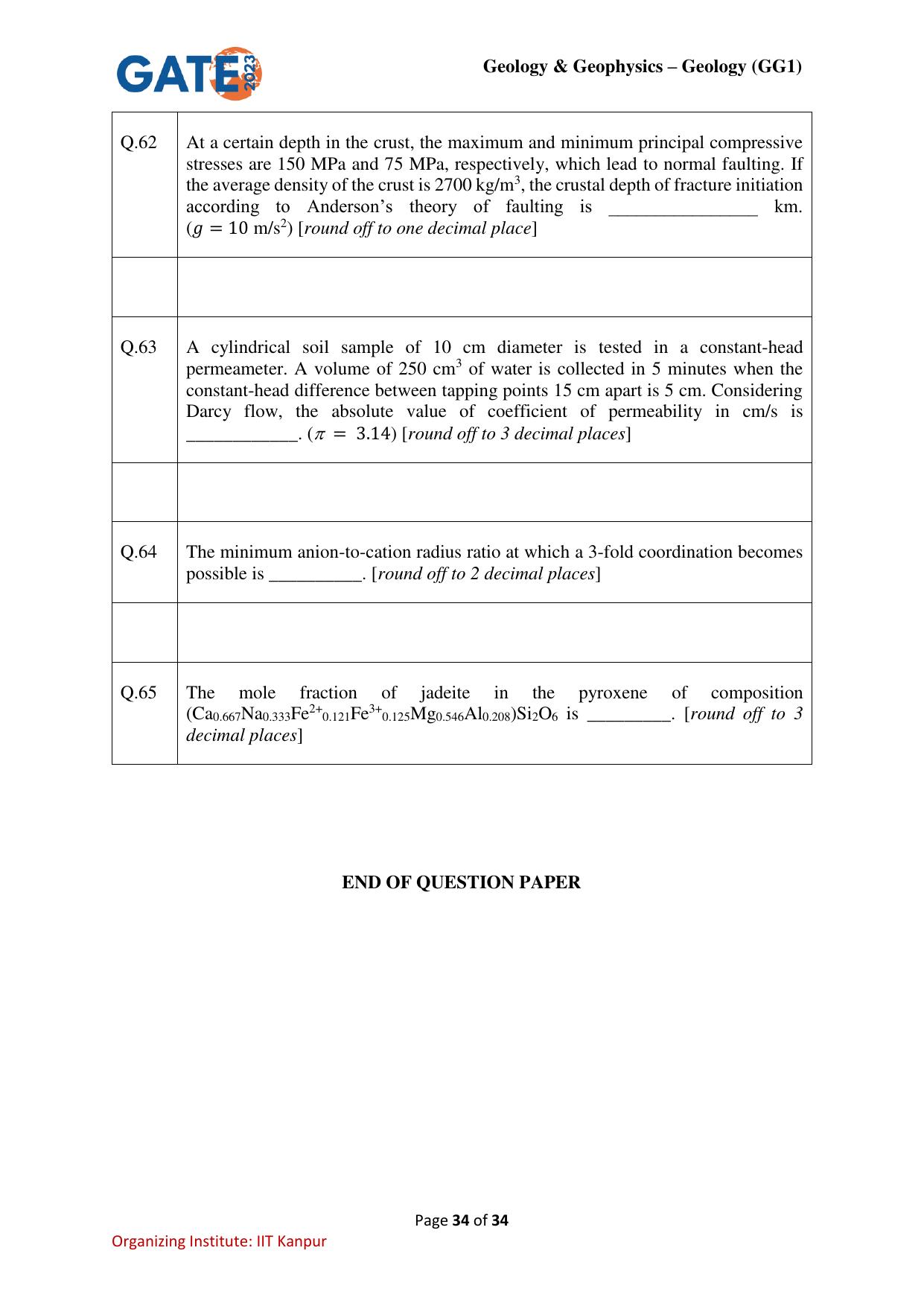 GATE 2023 Geology and Geophysics – Geology (GG-1) Question Paper - Page 34