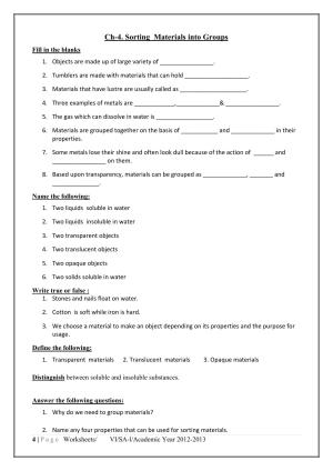 CBSE Worksheets for Class 6 Science Sorting Materials into Groups Assignment