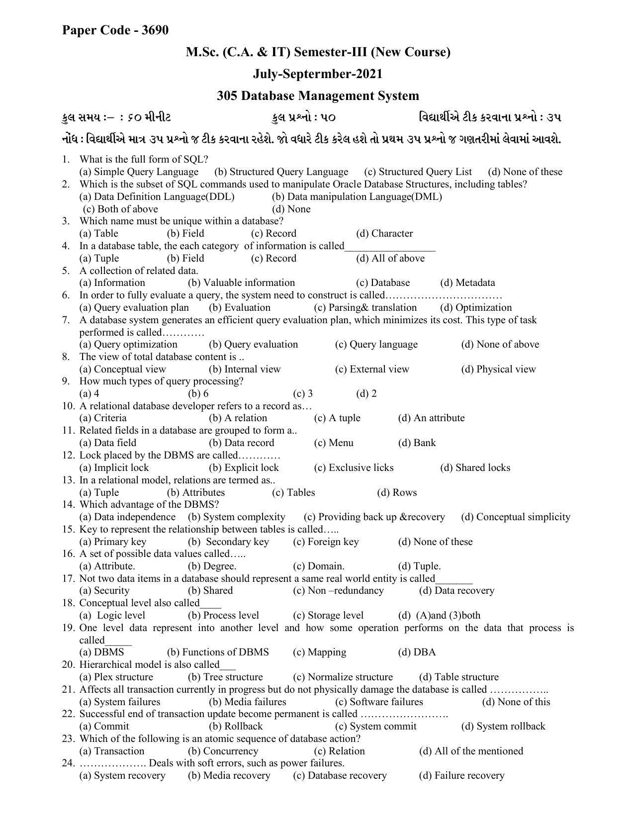 Hemchand North Gujarat University Sample Paper July-Sept 2021:  M.Sc. (C.A. & IT) Semester-III  305 Database Management System (New Course) - Page 1