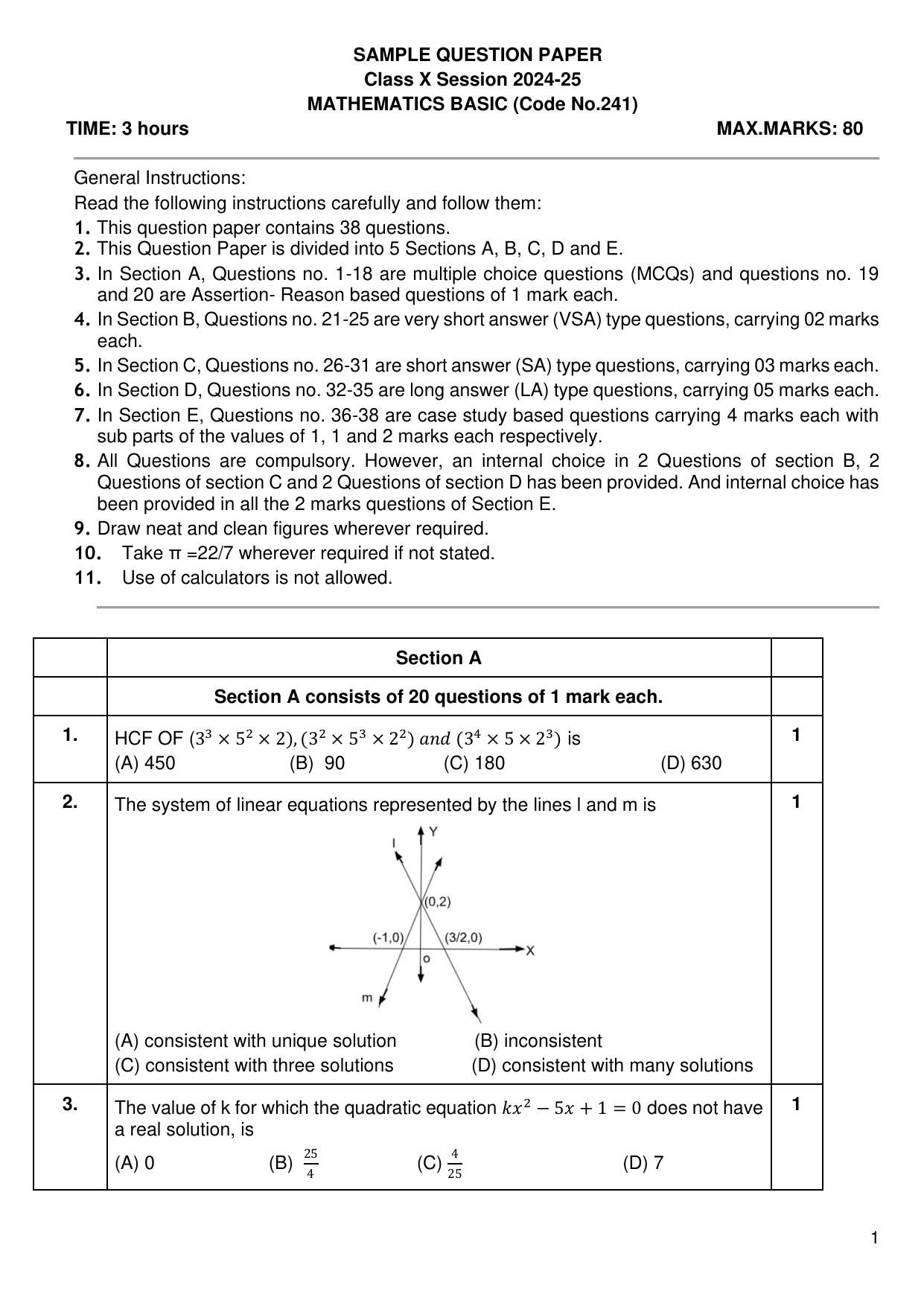 CBSE Class 10 Mathematics (Basic) Sample Paper 2025 - Page 1