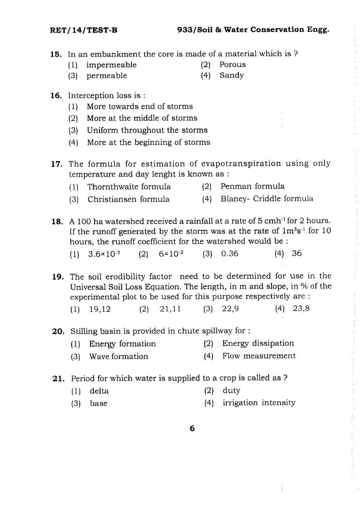 BHU RET Soil & Water Conservation Engg. 2014 Question Paper - Page 6