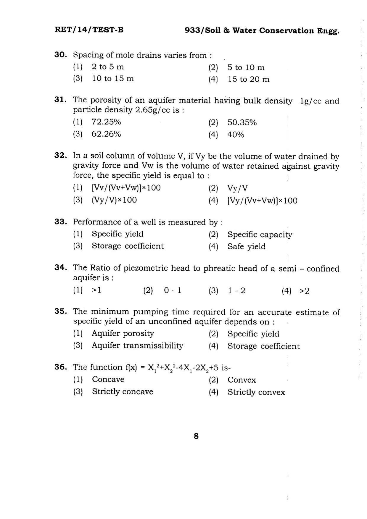 BHU RET Soil & Water Conservation Engg. 2014 Question Paper - Page 8
