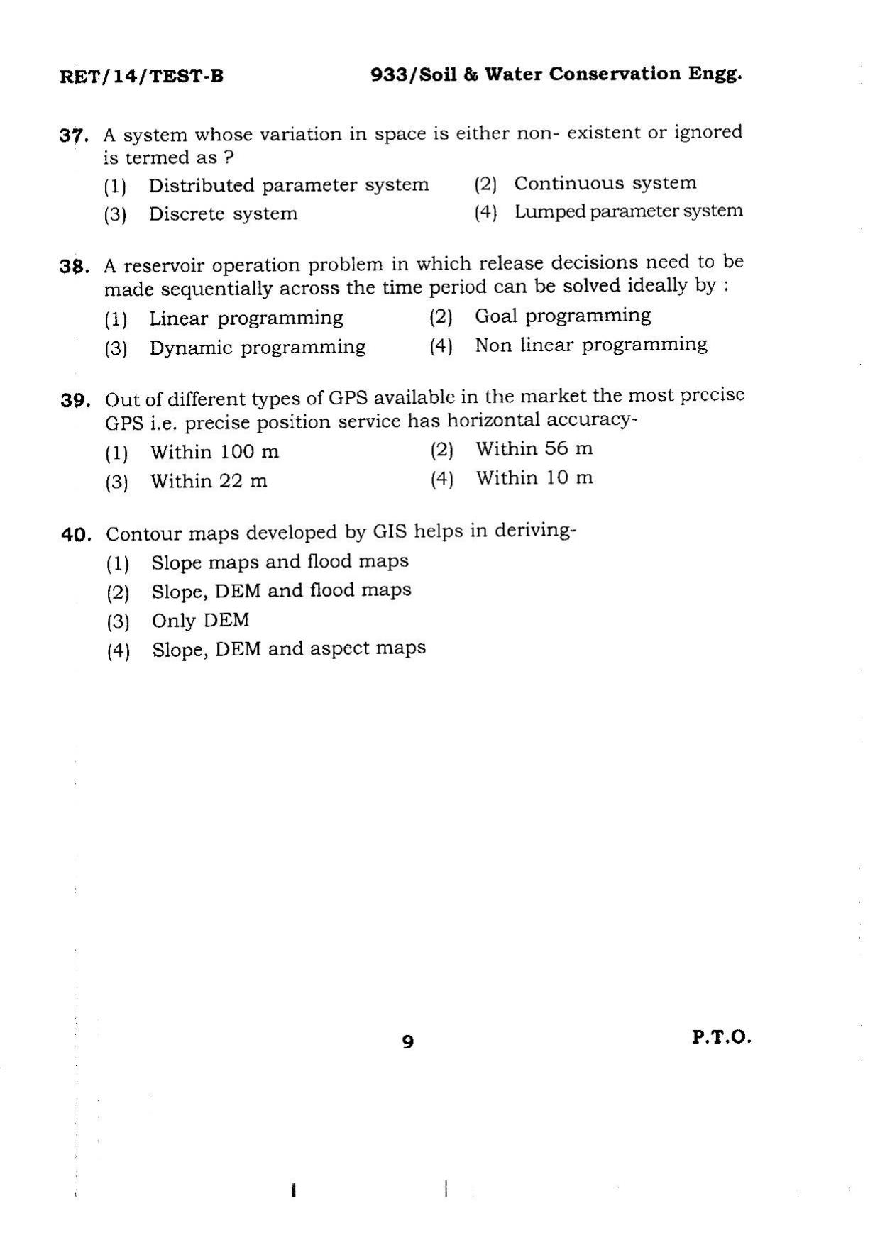BHU RET Soil & Water Conservation Engg. 2014 Question Paper - Page 9