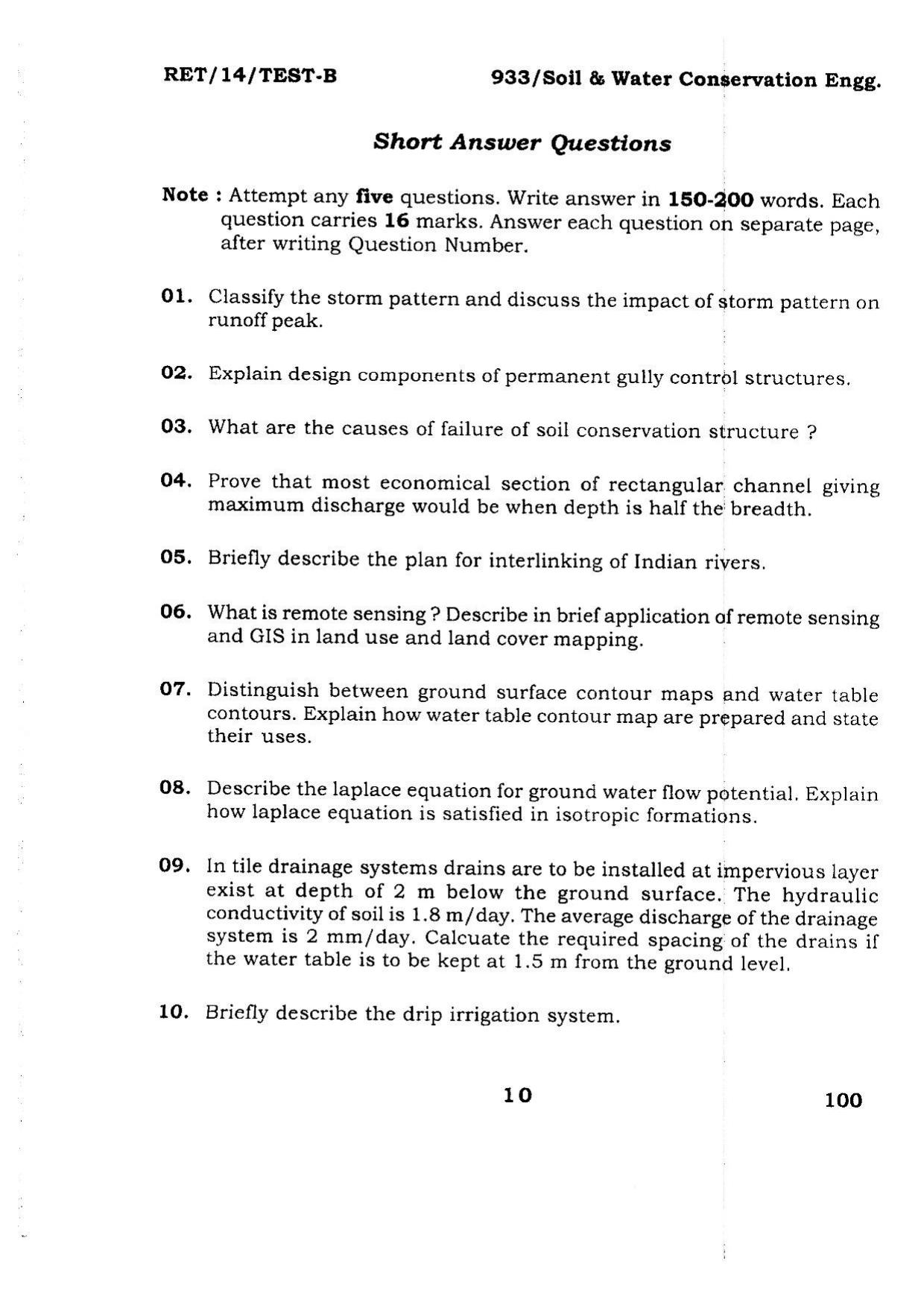 BHU RET Soil & Water Conservation Engg. 2014 Question Paper - Page 10