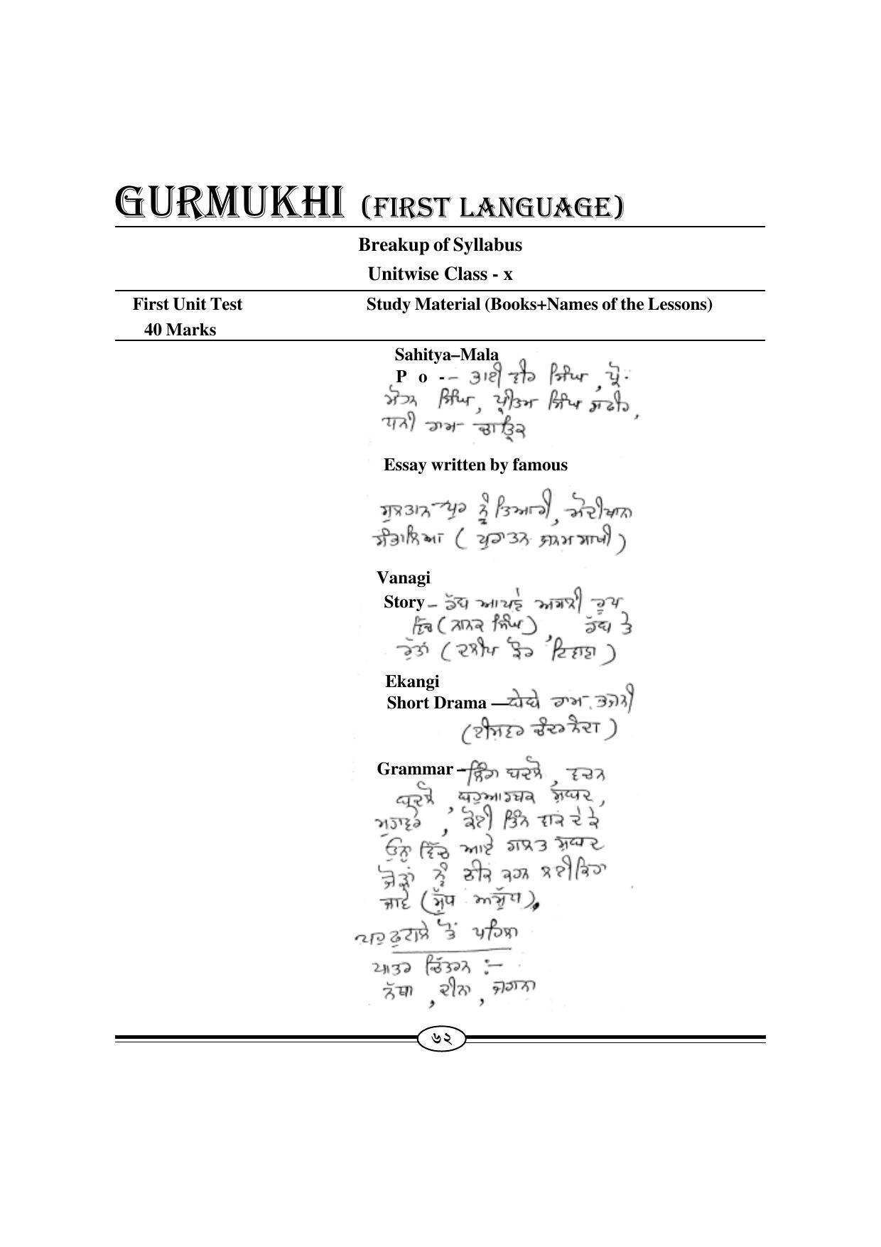 WBBSE Class X Syllabus (Gurmukhi 1st Language) - Page 1