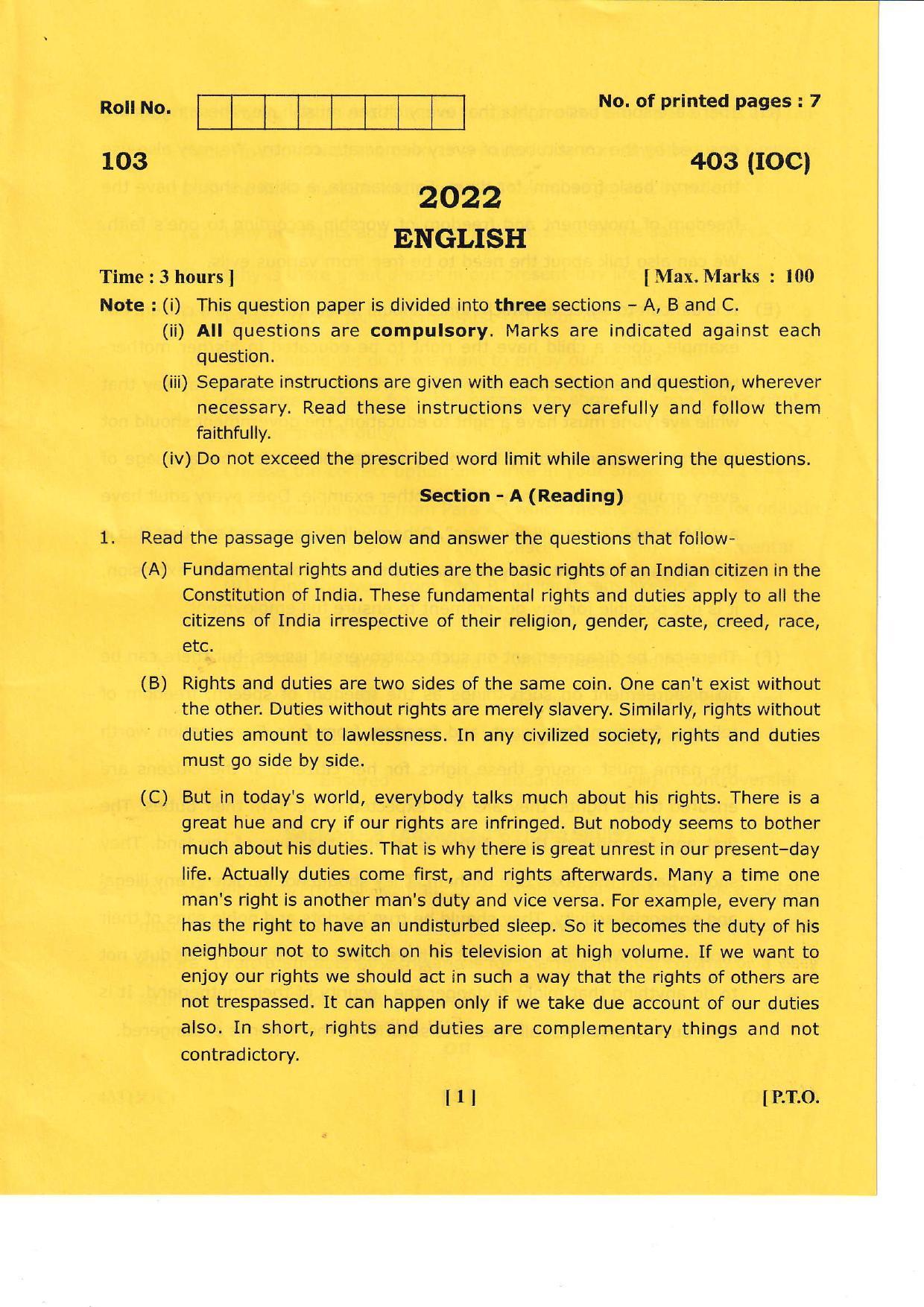 UBSE Class 12 English 2022 Question Paper - Page 1