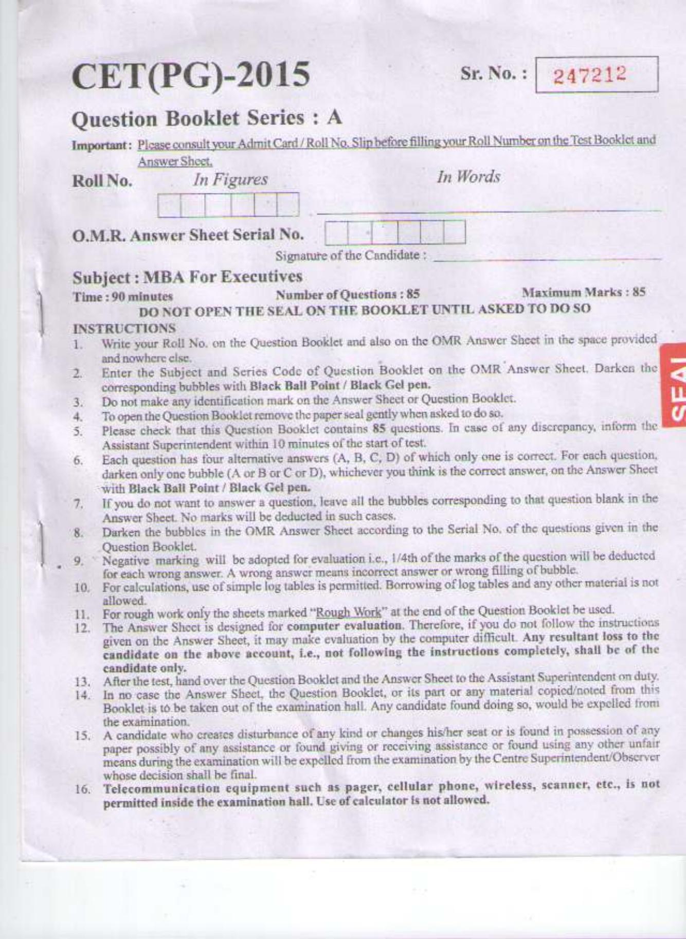 PU CET PG 2015: Masters of Business Administration for Executives(MBAfEX) Question Paper - Page 1