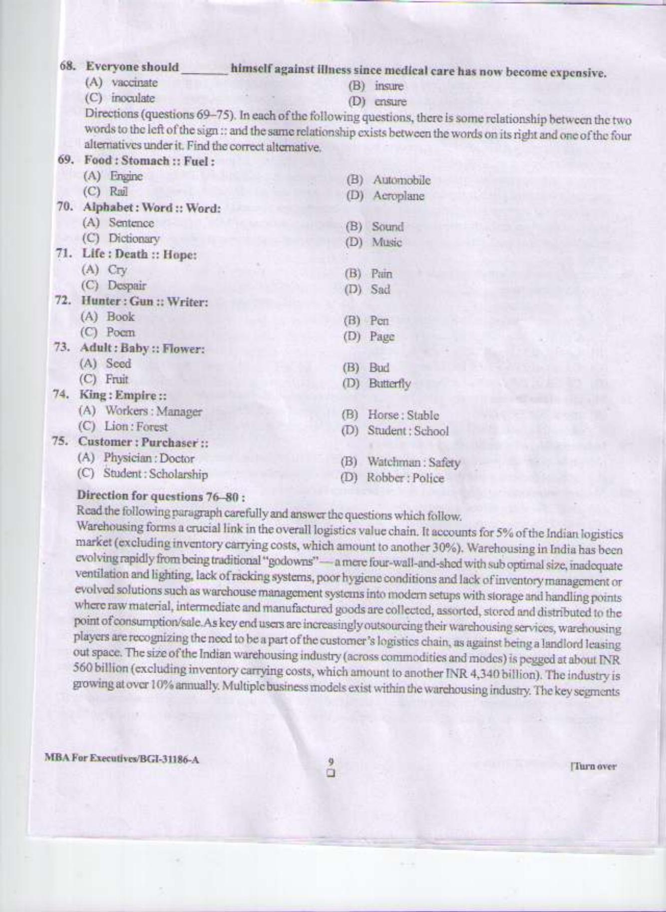 PU CET PG 2015: Masters of Business Administration for Executives(MBAfEX) Question Paper - Page 8