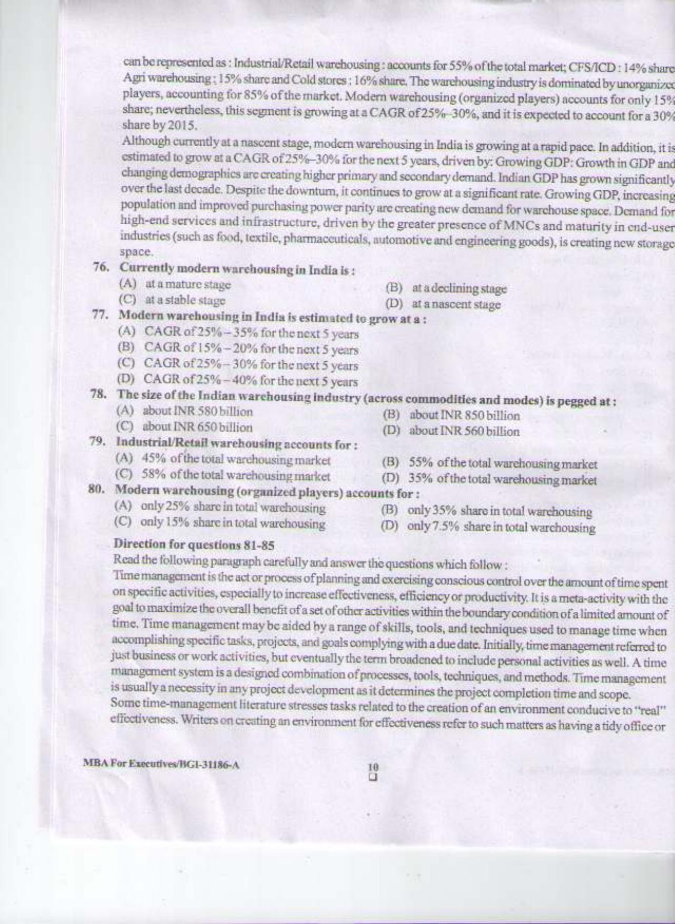 PU CET PG 2015: Masters of Business Administration for Executives(MBAfEX) Question Paper - Page 9