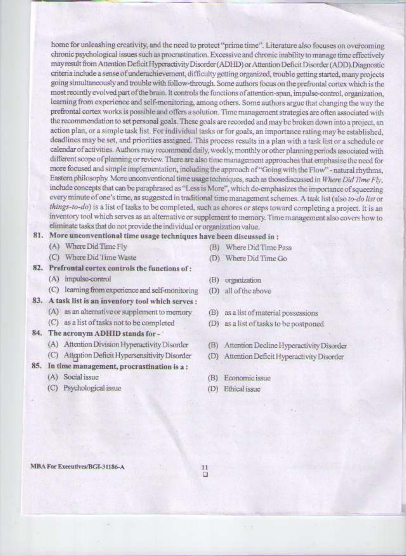 PU CET PG 2015: Masters of Business Administration for Executives(MBAfEX) Question Paper - Page 10