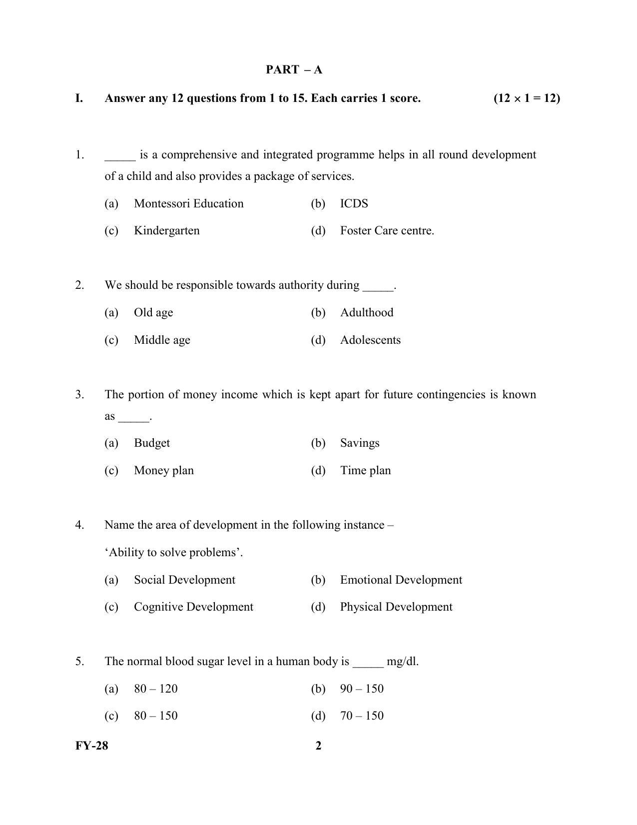 Kerala Plus One 2022 Home Science Question Papers - Page 2