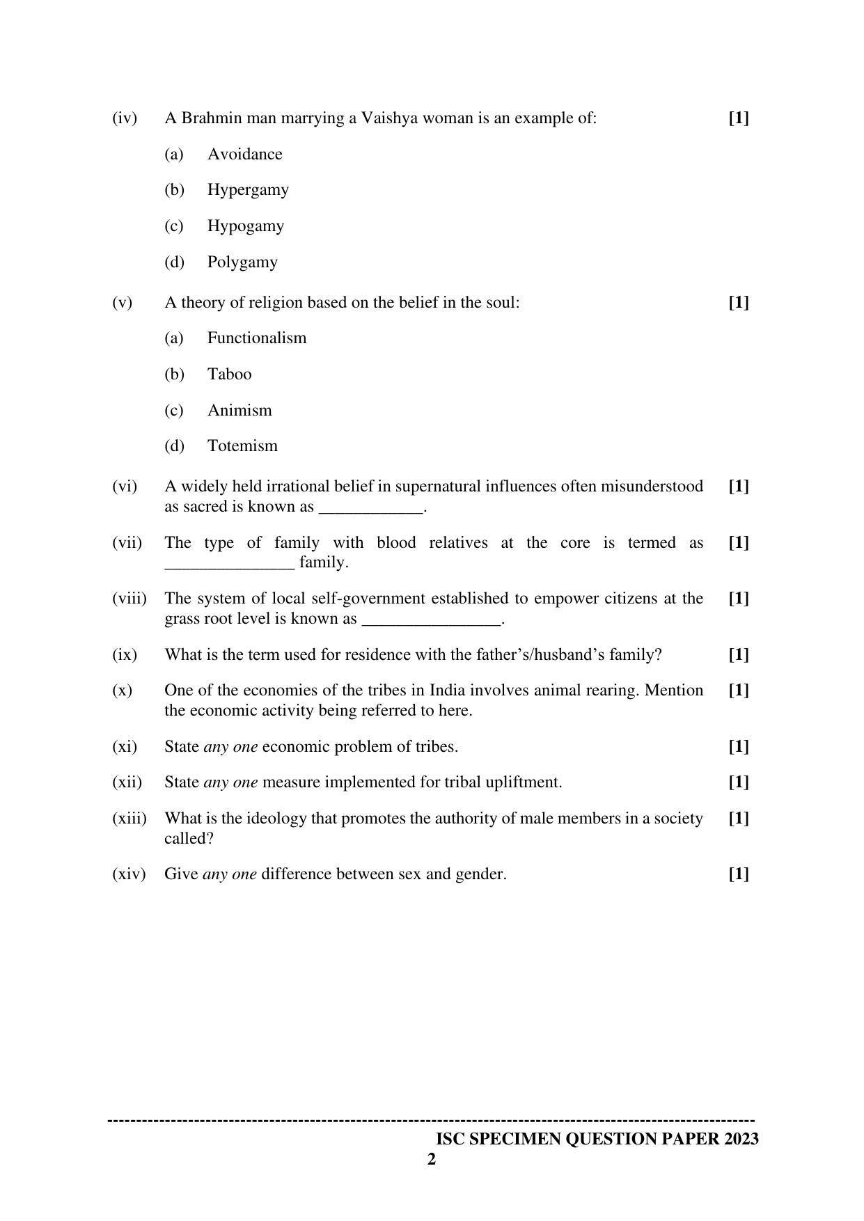 ISC Class 12 Sociology Sample Paper 2023 - Page 2
