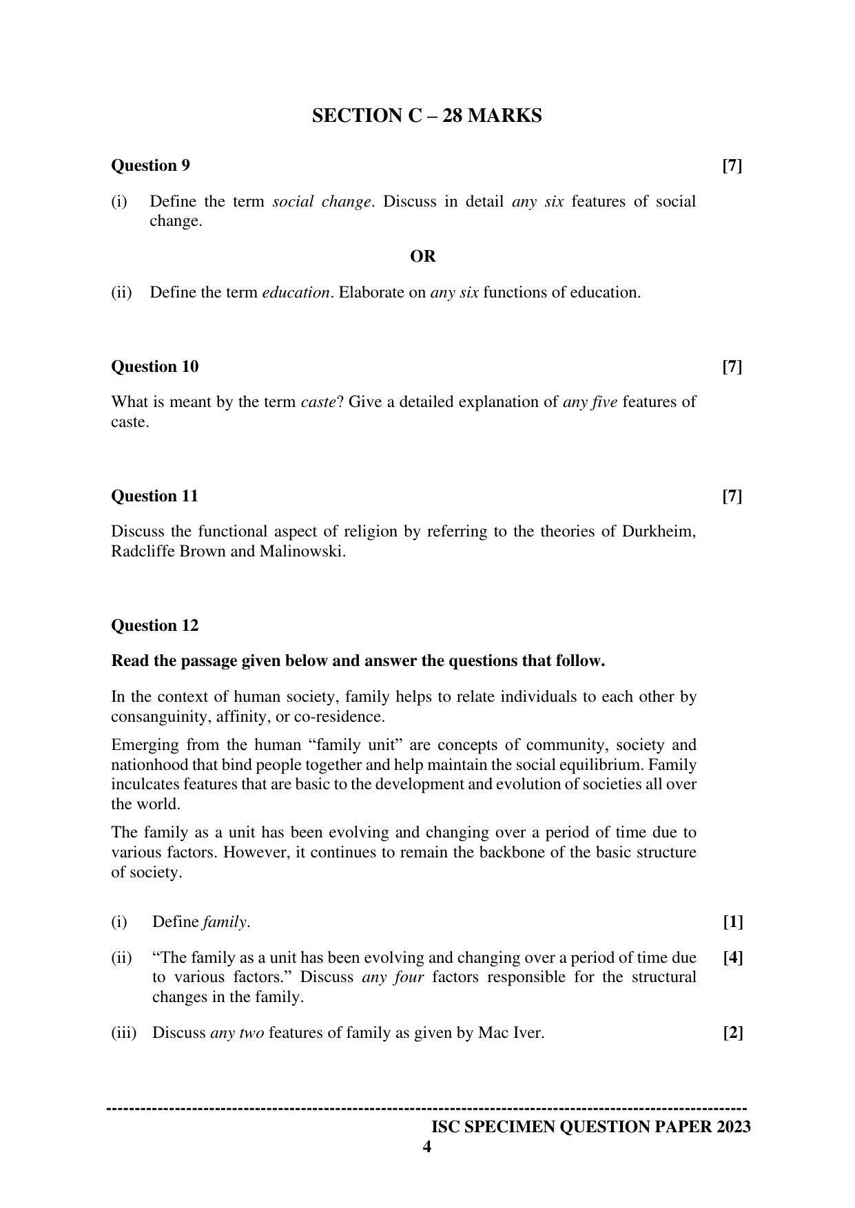 ISC Class 12 Sociology Sample Paper 2023 - Page 4