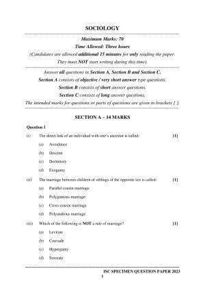 ISC Class 12 Sociology Sample Paper 2023