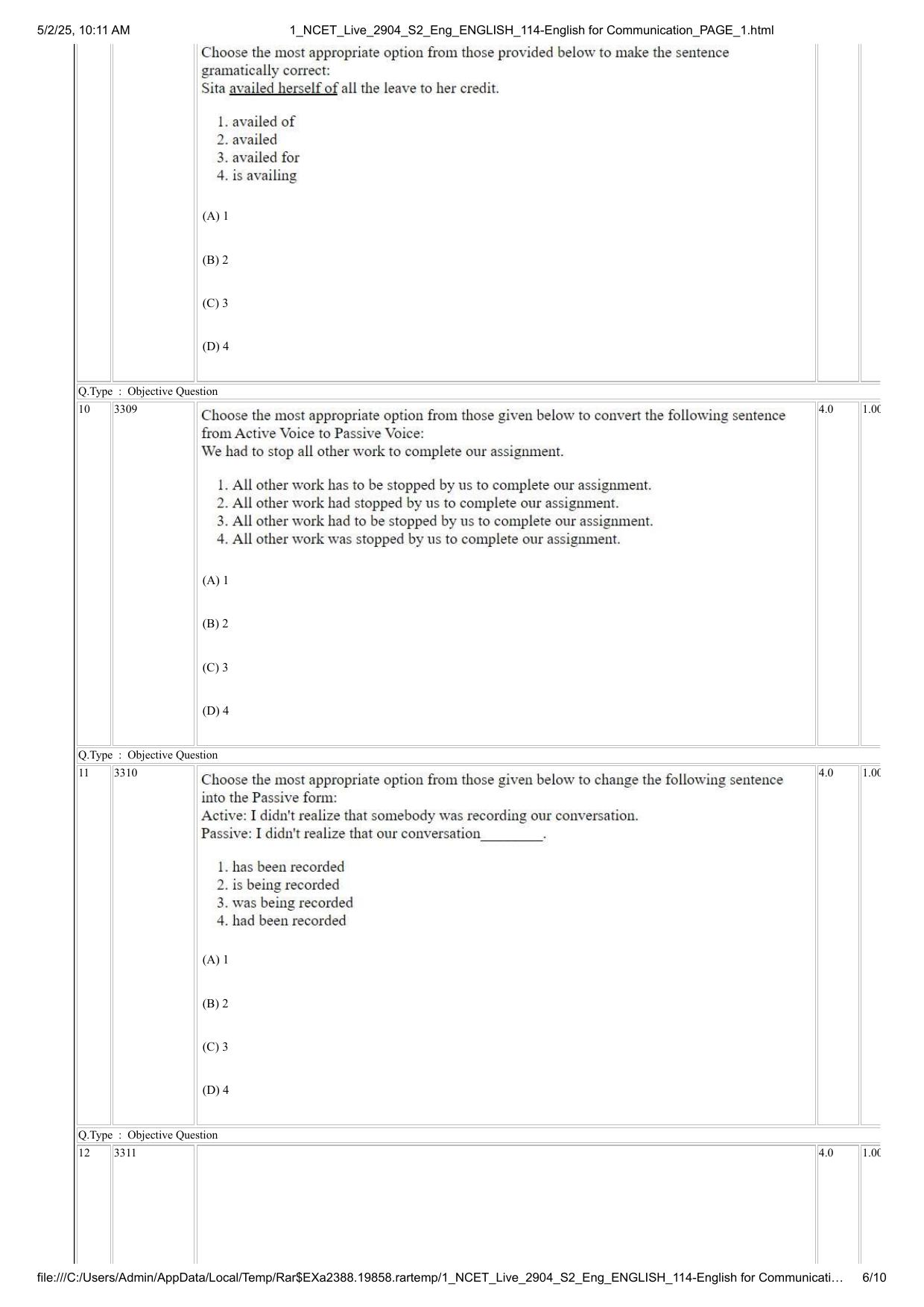 NCET 2025 Question Paper - English for Communication - Page 6