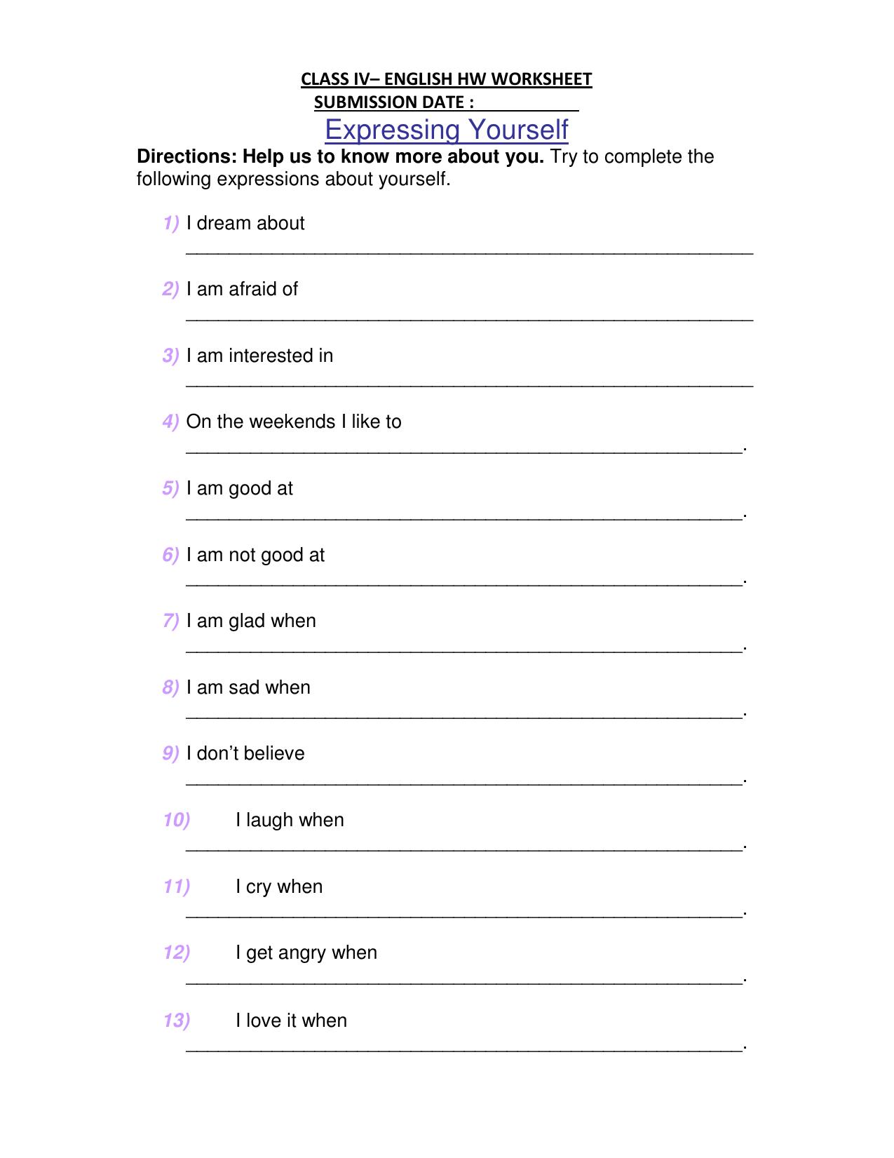 Worksheet for Class 4 English Assignment 80 Expressing Yourself - Page 1