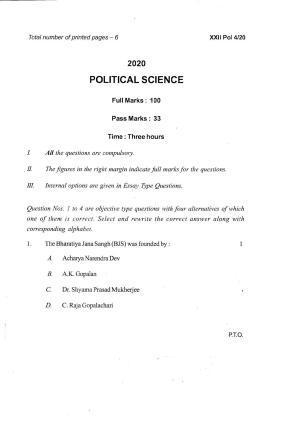 COHSEM Class 12 Political Science Question Papers 2020