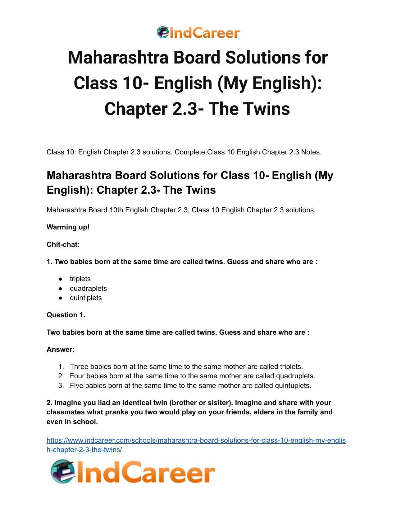 Maharashtra Board Solutions for Class 10- English (My English): Chapter 2.3- The Twins - Page 2