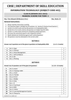 CBSE Class 10 Skill Education (Term I) - Information Technology Marking Scheme 2021-22