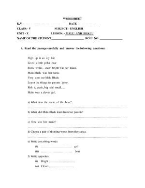 Worksheet for Class 5 English Malu and Bhalu Assignment 1