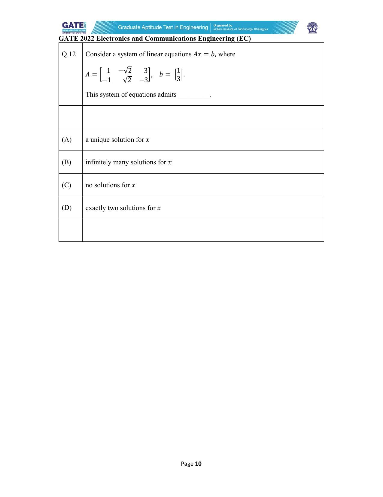GATE 2022 Electronics and Communication Engineering (EC) Question Paper - Page 10