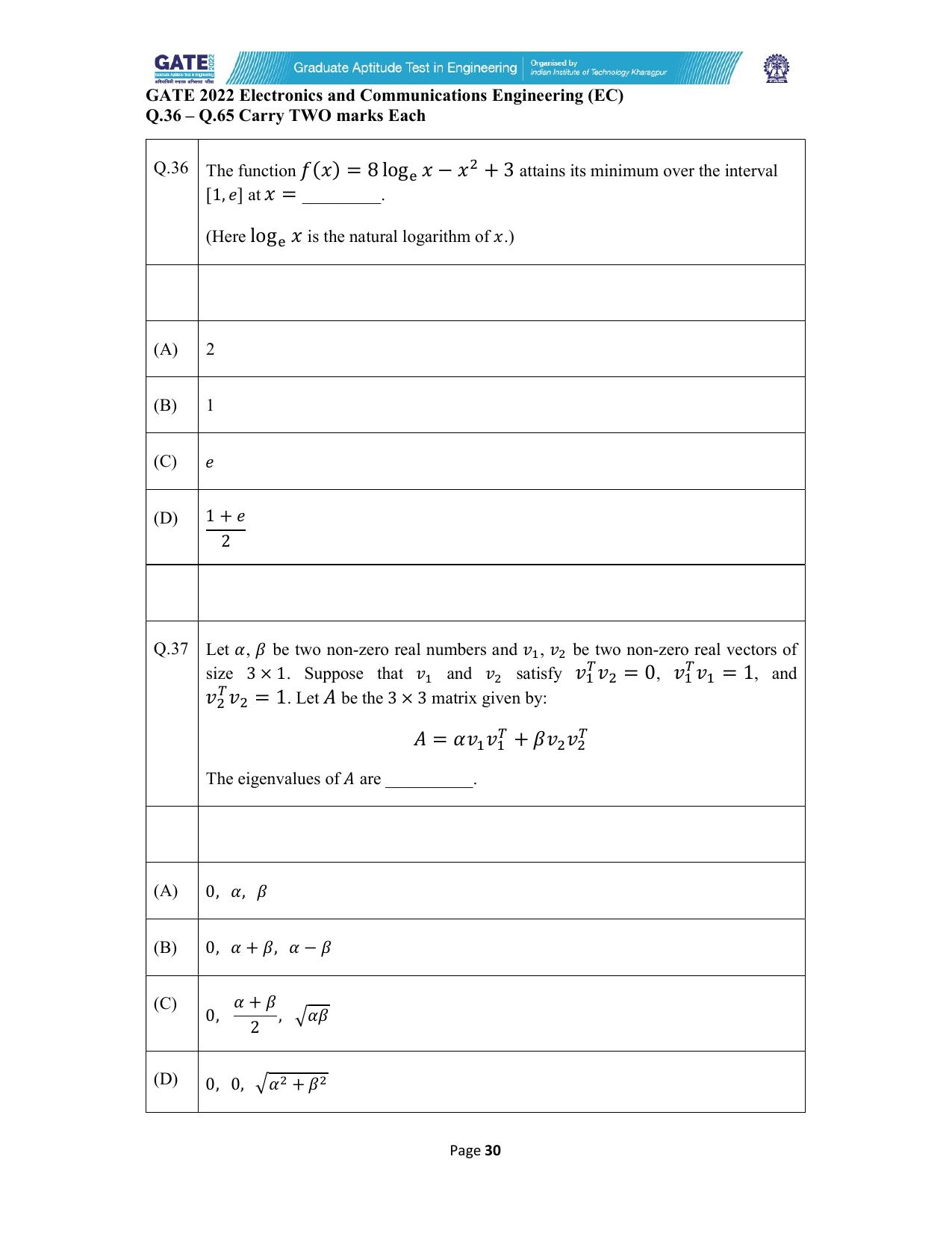 GATE 2022 Electronics and Communication Engineering (EC) Question Paper - Page 30