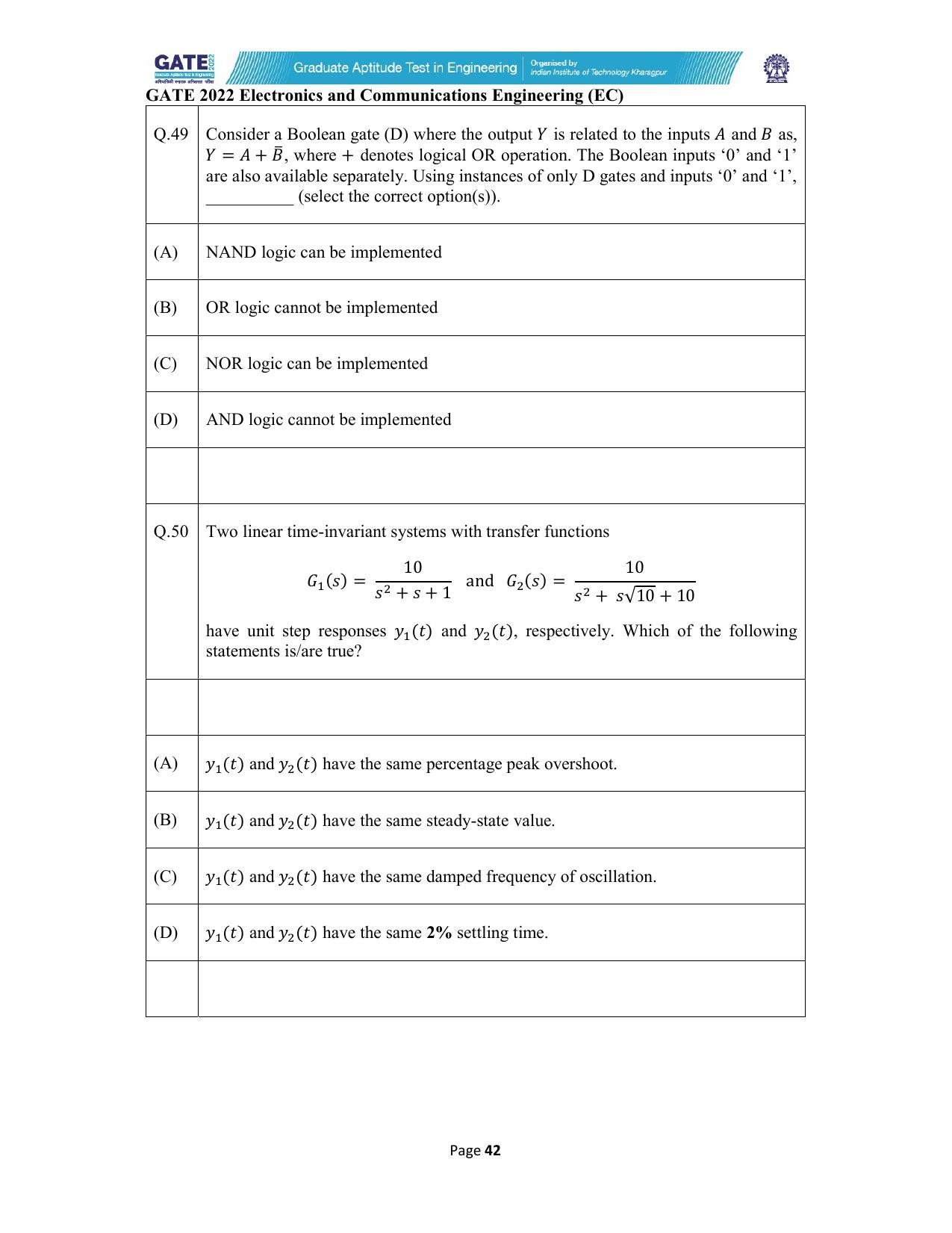GATE 2022 Electronics and Communication Engineering (EC) Question Paper - Page 42