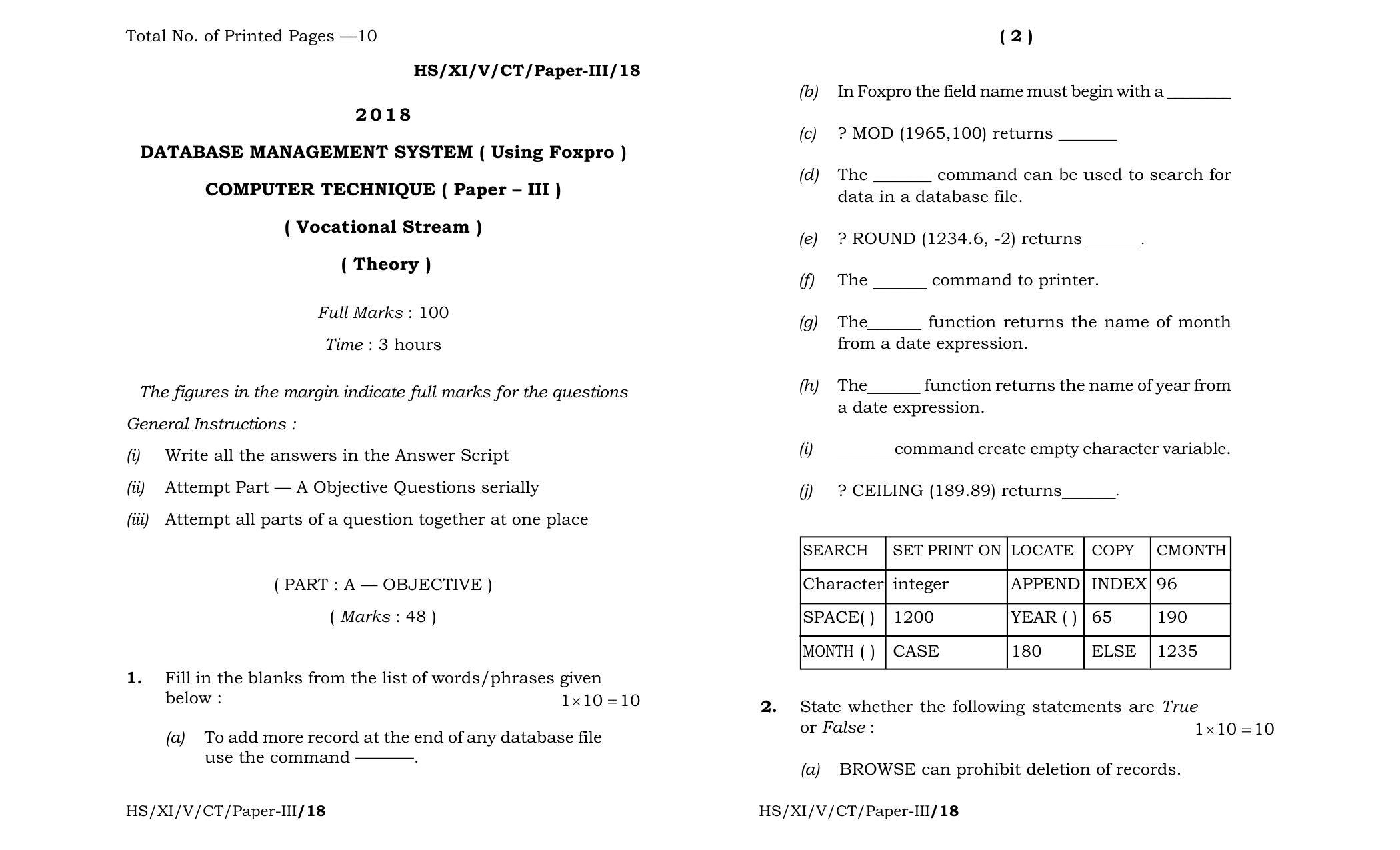 Meghalaya Board (MBOSE) Class 11 Computer_Technique_Paper-III 2018 Question Paper - Page 1