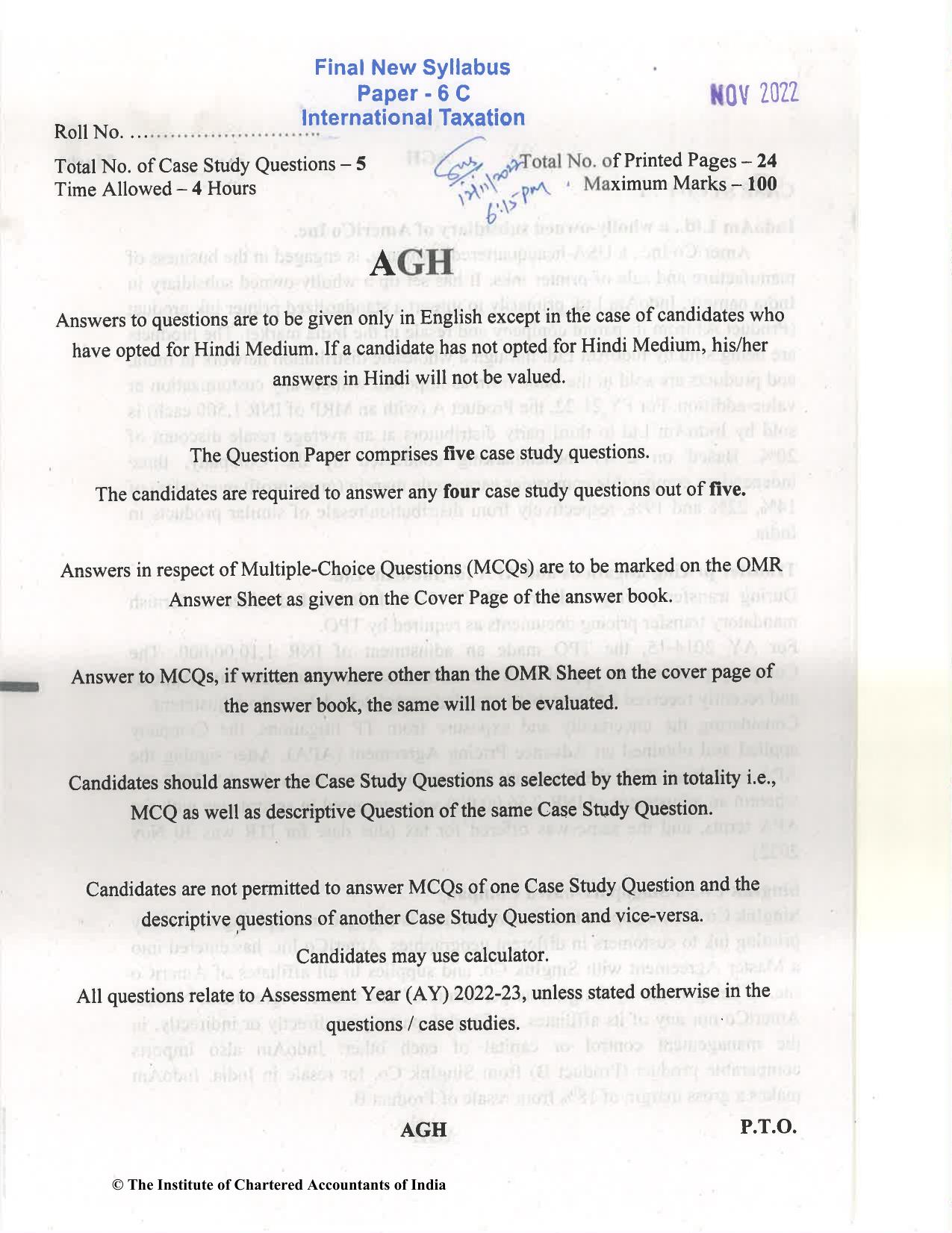 CA Final Nov 2022 Question Paper - Paper 6C – International Taxation - Page 1
