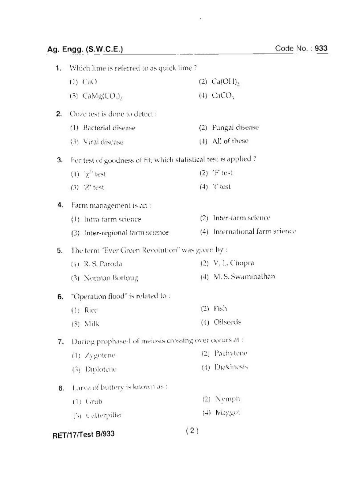 BHU RET(Agriculture) Ag. Engg. (S.W.C.E) 2017 Question Paper - Page 4