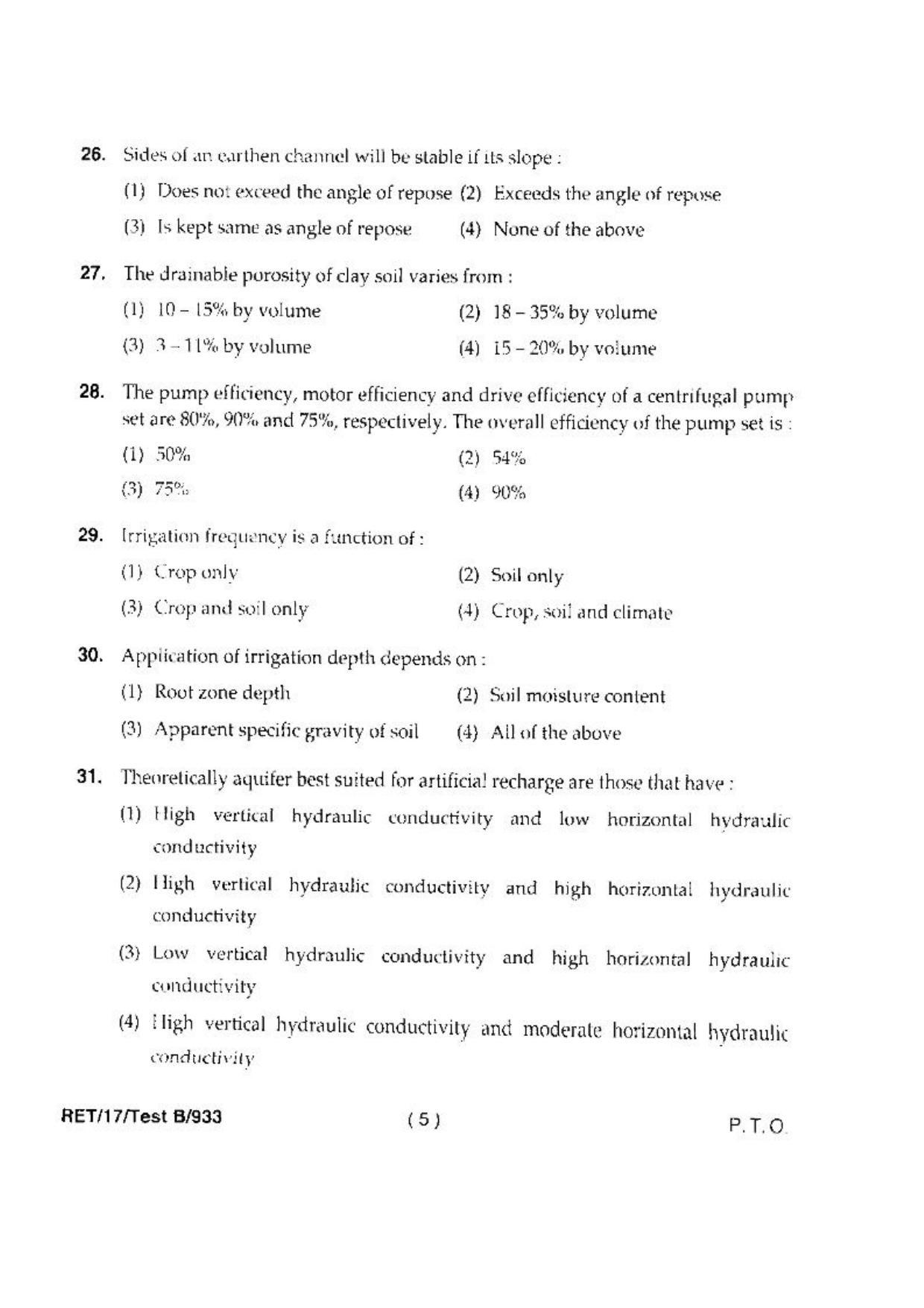 BHU RET(Agriculture) Ag. Engg. (S.W.C.E) 2017 Question Paper - Page 7