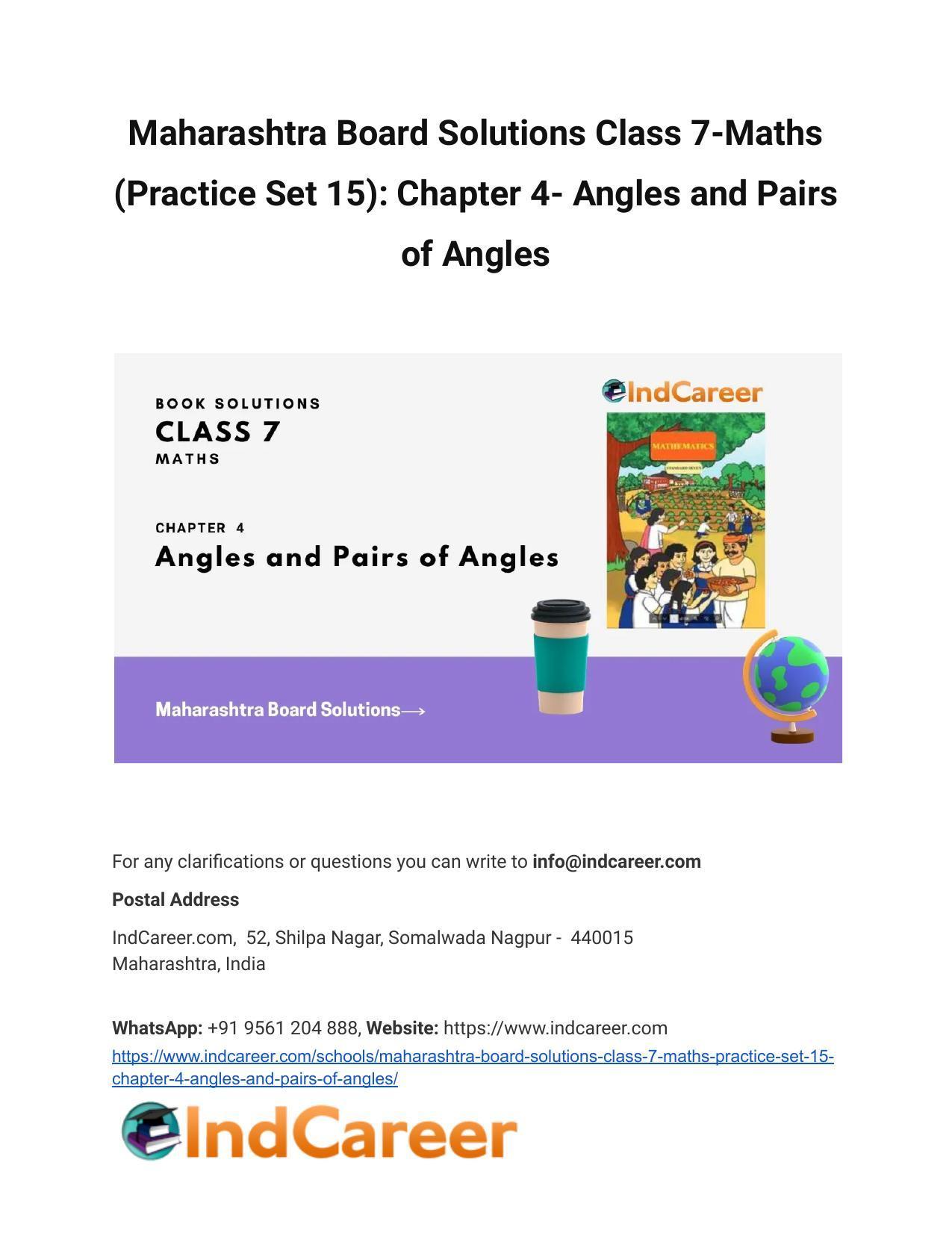 Maharashtra Board Solutions Class 7-Maths (Practice Set 15): Chapter 4- Angles and Pairs of Angles - Page 1