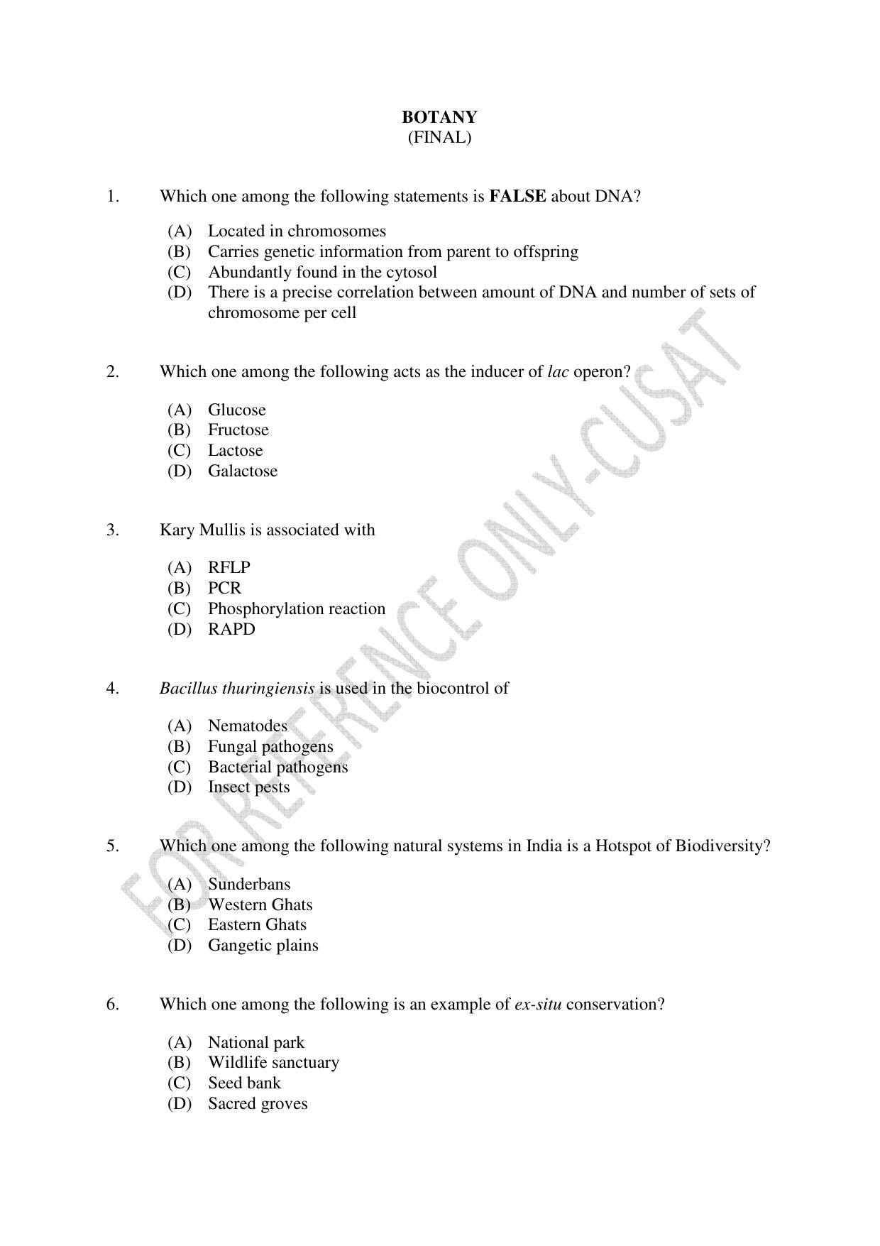 CUSAT CAT 2022 BOTANY Question Paper - Page 1