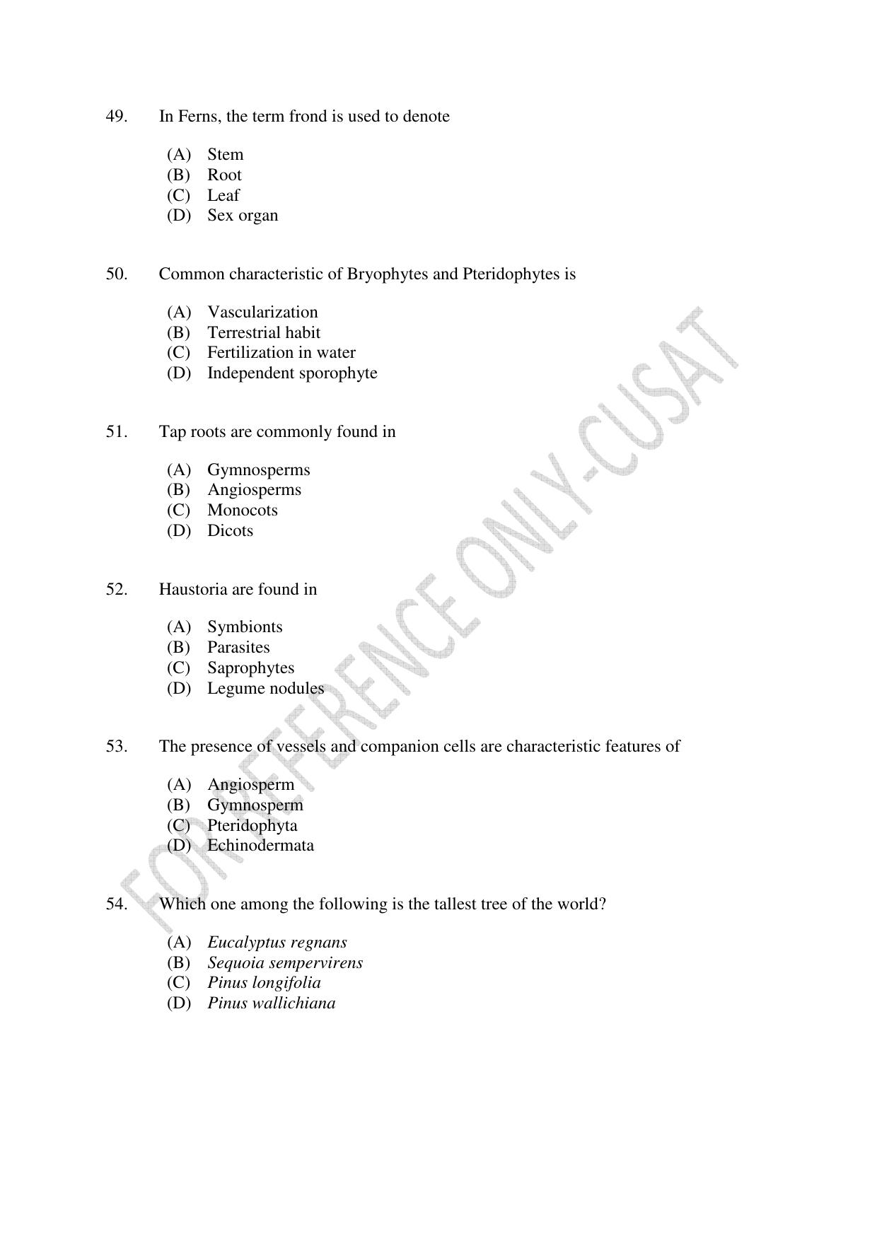 CUSAT CAT 2022 BOTANY Question Paper - Page 9