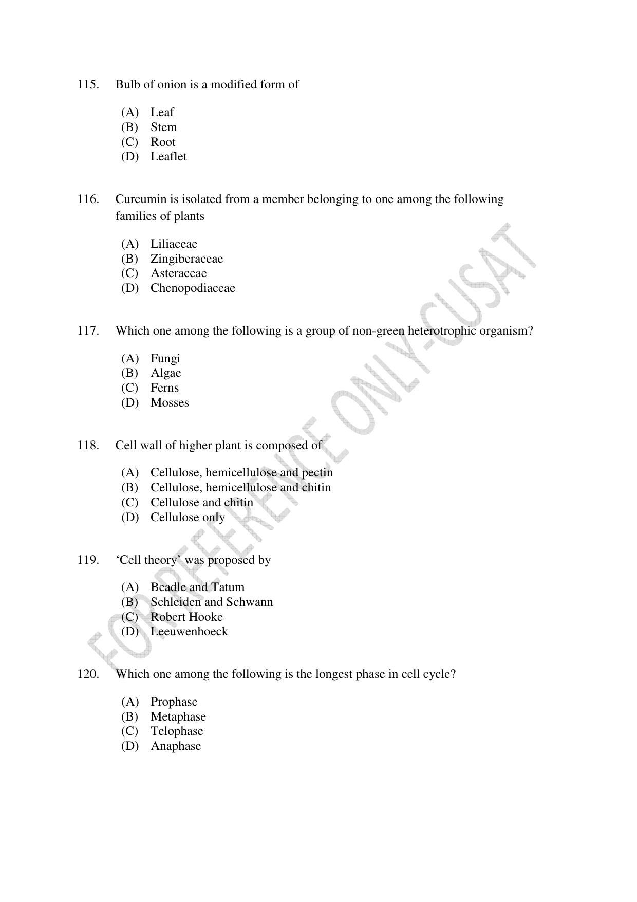 CUSAT CAT 2022 BOTANY Question Paper - Page 20