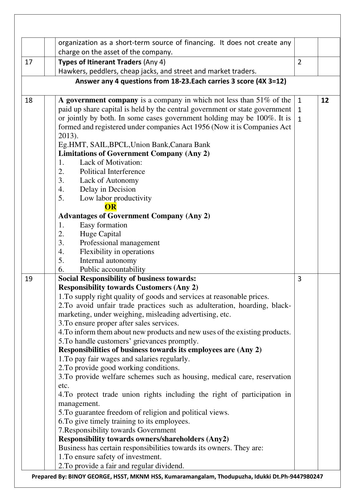 Kerala Plus One 2022 Business Studies Answer Key - Page 3