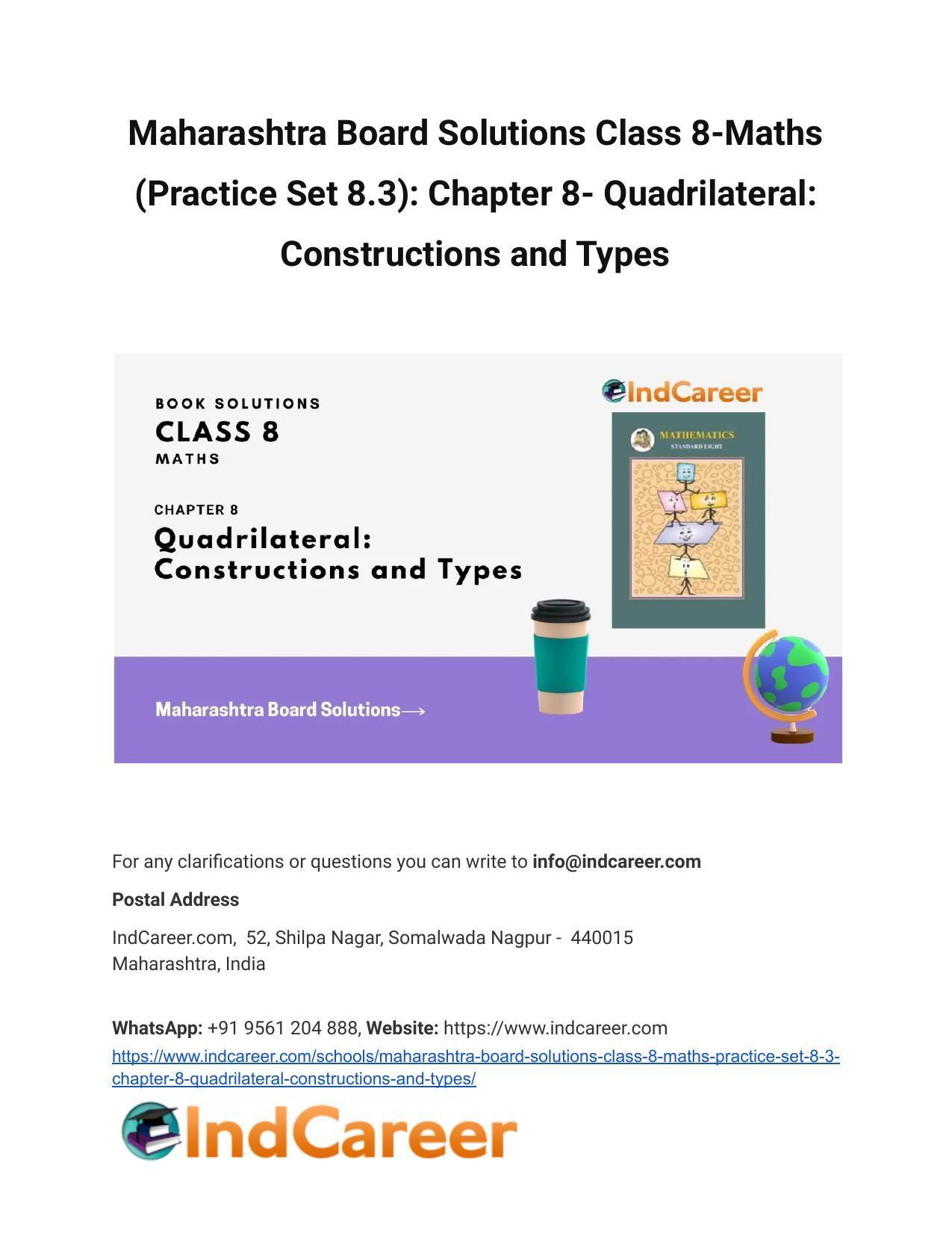 Maharashtra Board Solutions Class 8-Maths (Practice Set 8.3): Chapter 8- Quadrilateral: Constructions and Types - Page 1