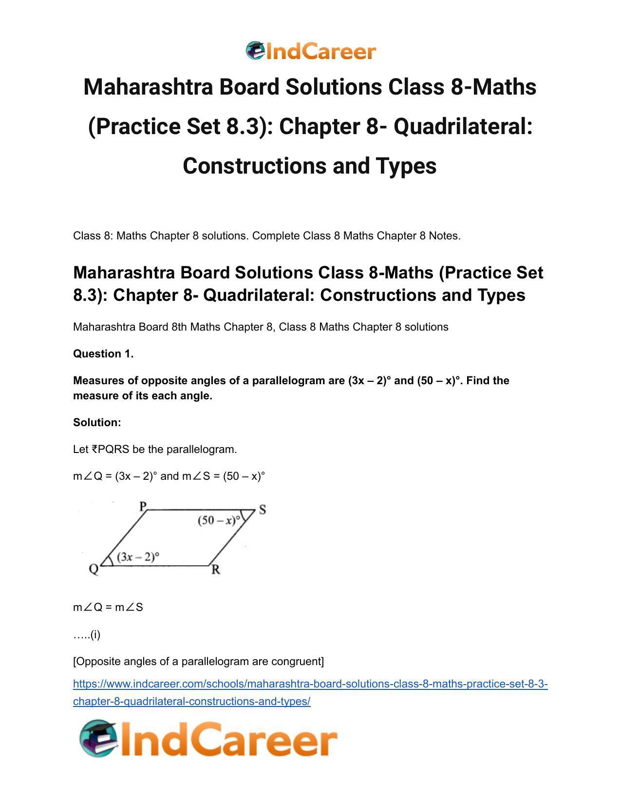 Maharashtra Board Solutions Class 8-Maths (Practice Set 8.3): Chapter 8- Quadrilateral: Constructions and Types - Page 2