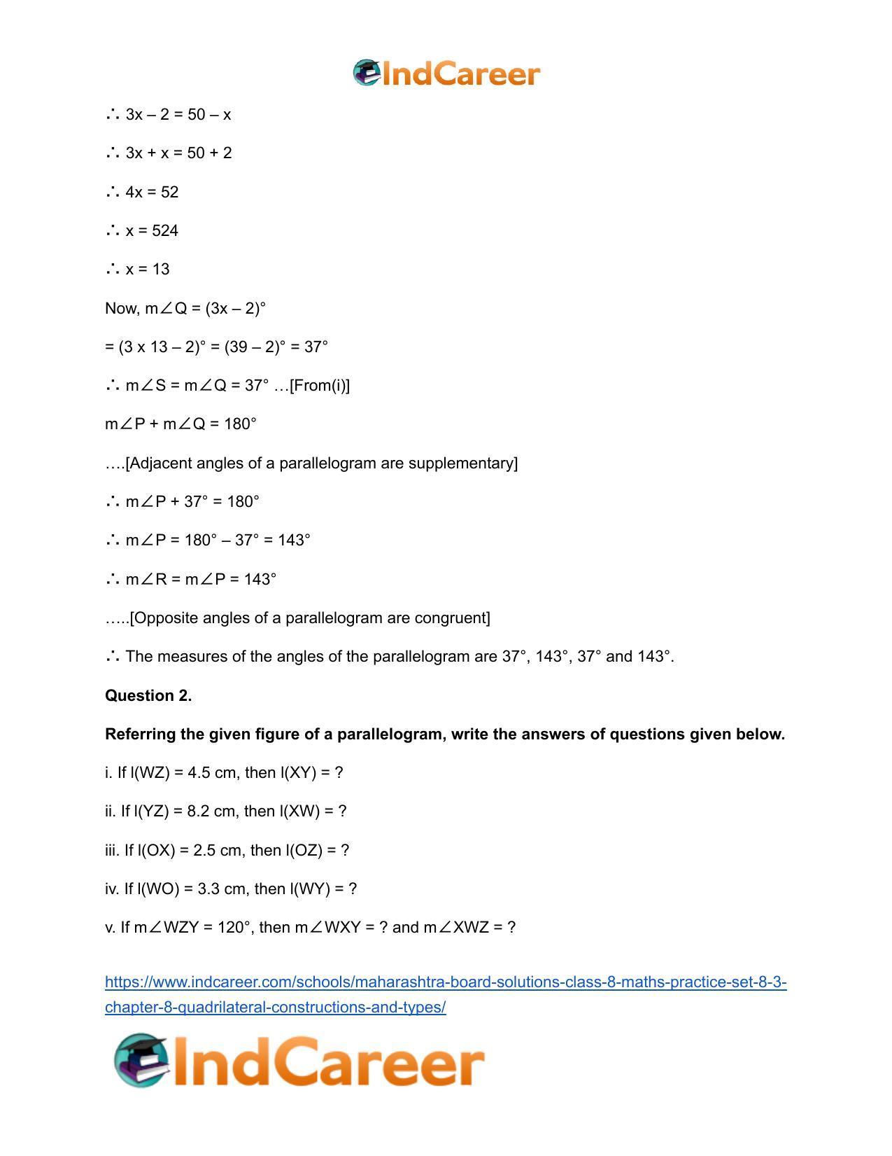 Maharashtra Board Solutions Class 8-Maths (Practice Set 8.3): Chapter 8- Quadrilateral: Constructions and Types - Page 3