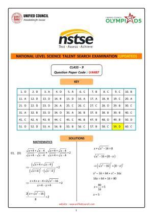 NSTSE 2023 Class 9 Answer Key (Paper Code 487)