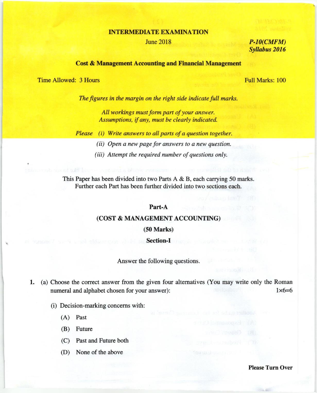 ICMAI June 2018 Cost & Management Accounting and Financial Management Question Paper  - Page 1