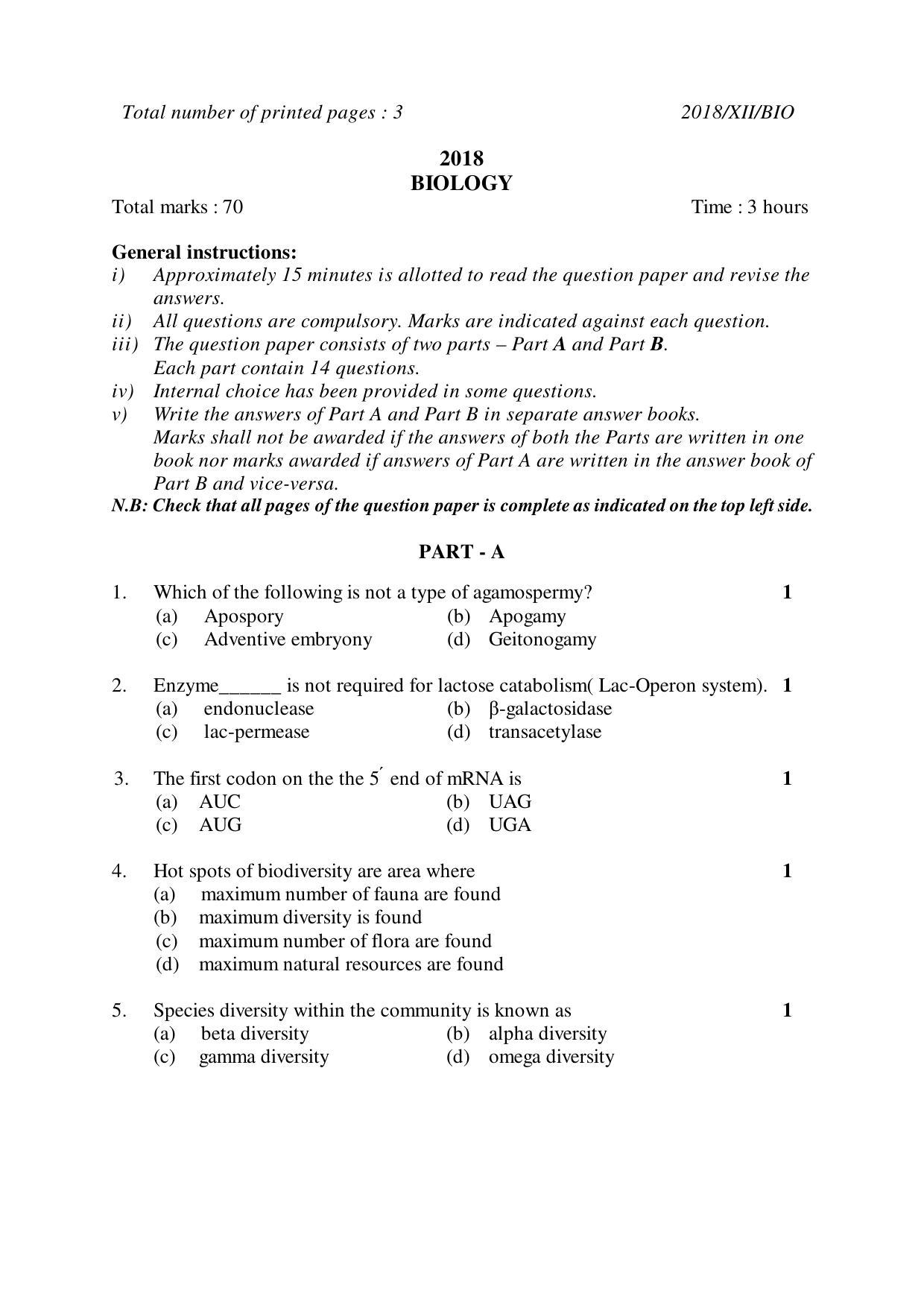 Nagaland Board Class 12 BIOLOGY 2018 Question Papers - Page 1