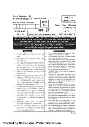 Odisha Class 10 Maths Part - I (Objective) 2014 Question Paper with Answer Key