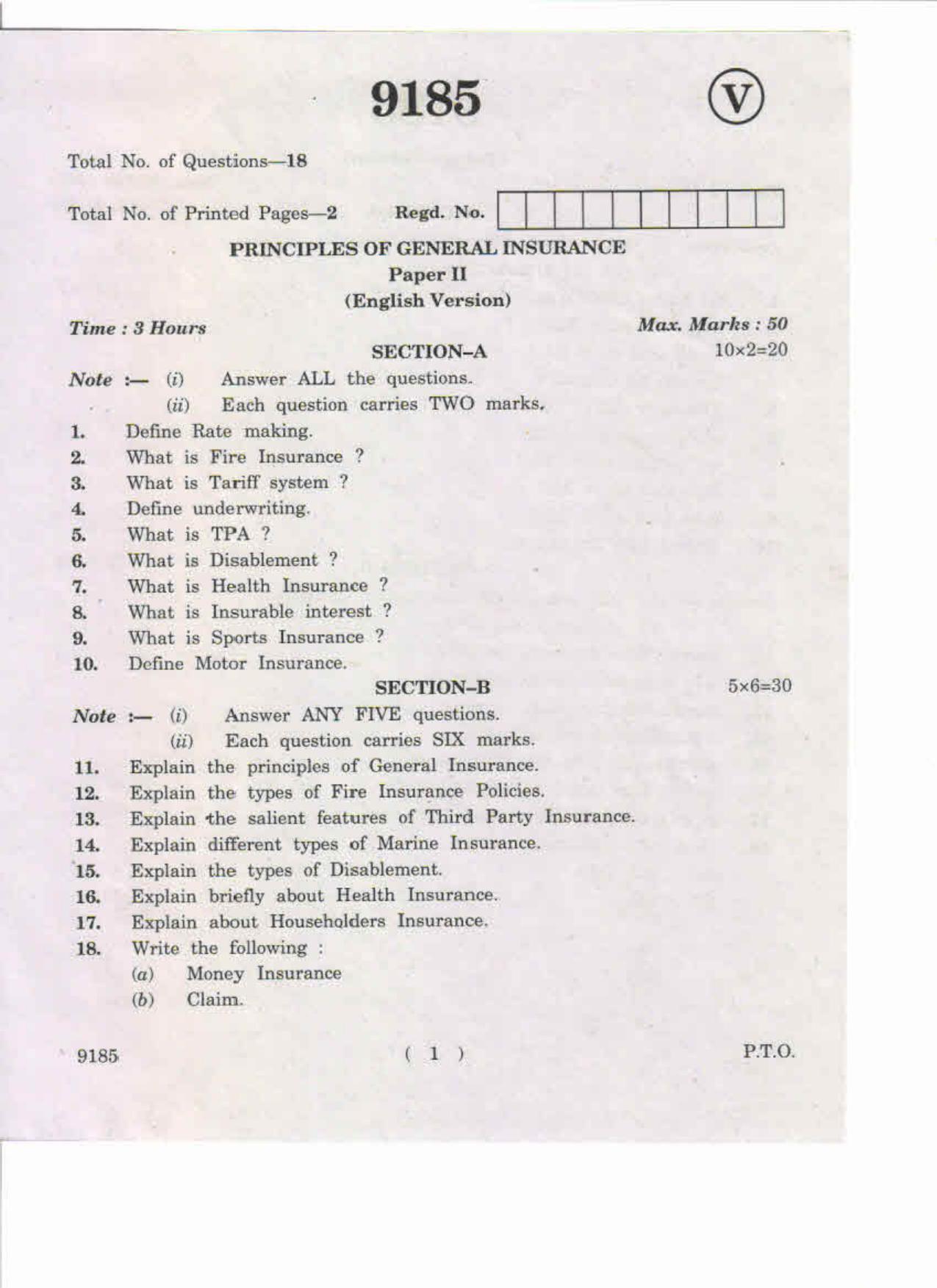 AP Inter 2nd Year Principles of General Insurance-II May-2019-Vocational Question Paper - Page 1