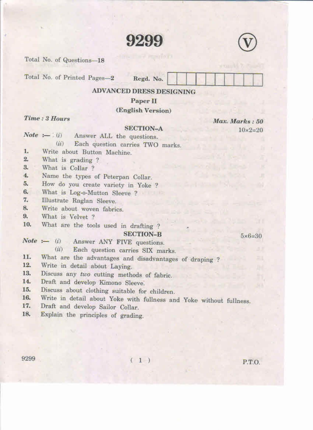 AP Inter 2nd Year Advanced Dress Designing-II May-2019-Vocational Question Paper - Page 1