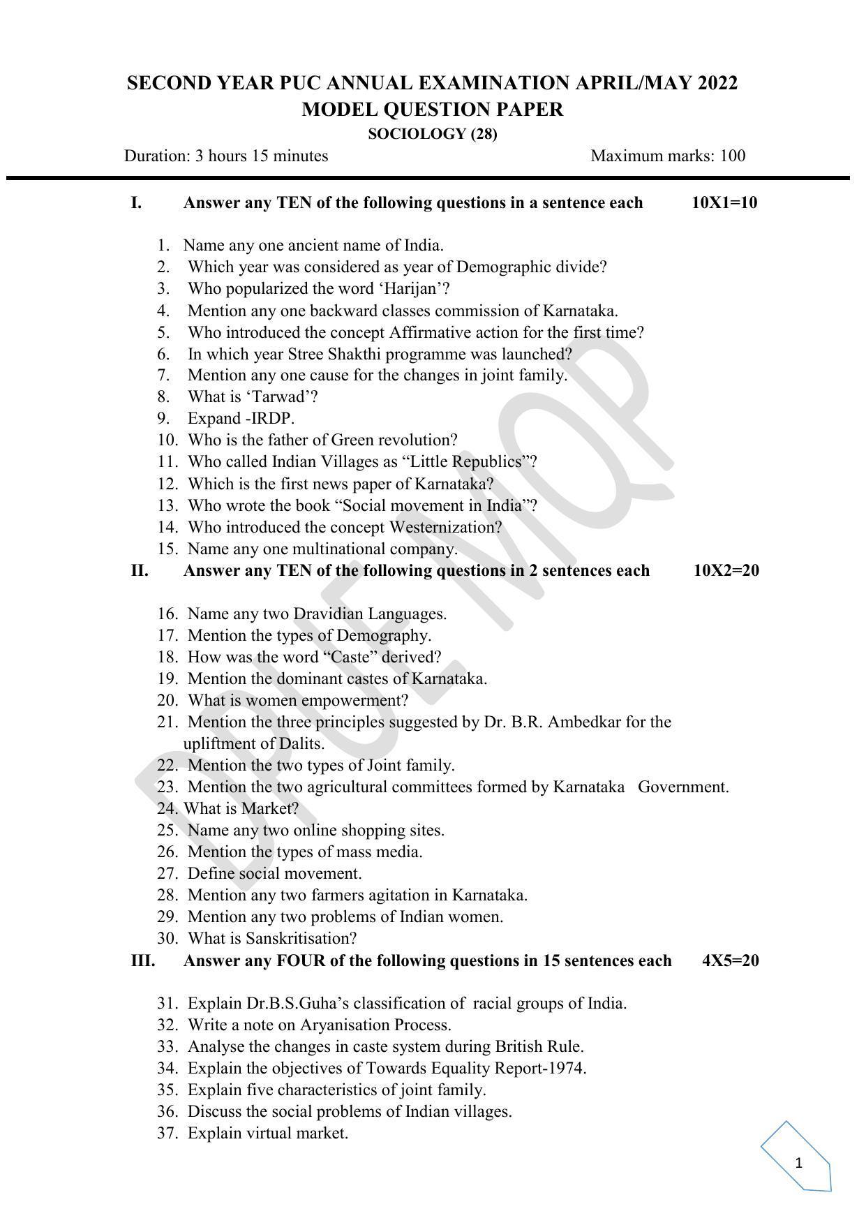 Karnataka Board 2nd PUC (Class 12) Sociology (EM) Model Papers 2023 - Page 1