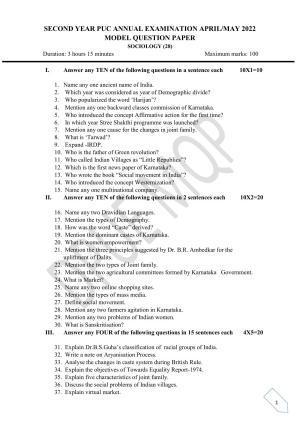 Karnataka Board 2nd PUC (Class 12) Sociology (EM) Model Papers 2023