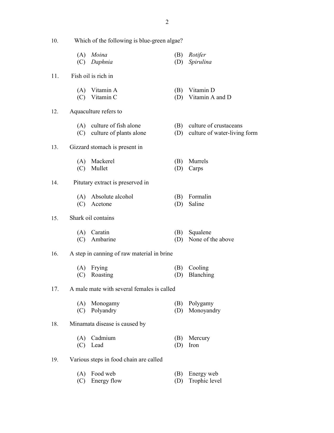 CUSAT CAT 2017 Fisheries Question Paper - Page 2